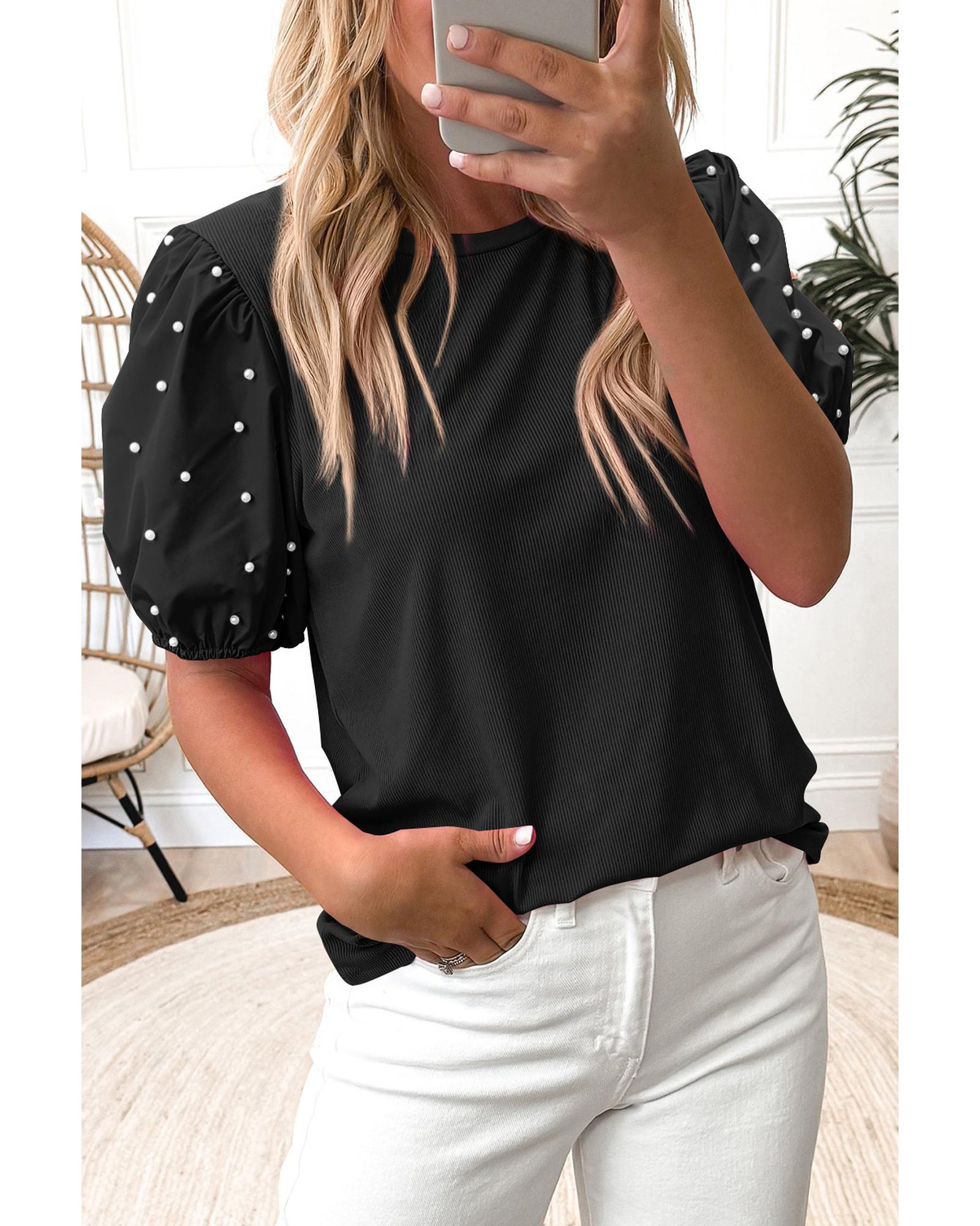 V539-AZEXDC25129817-P2-M-202508270930-00 Black Ribbed Pearl Beaded Puff Sleeve Top - M - Image 1
