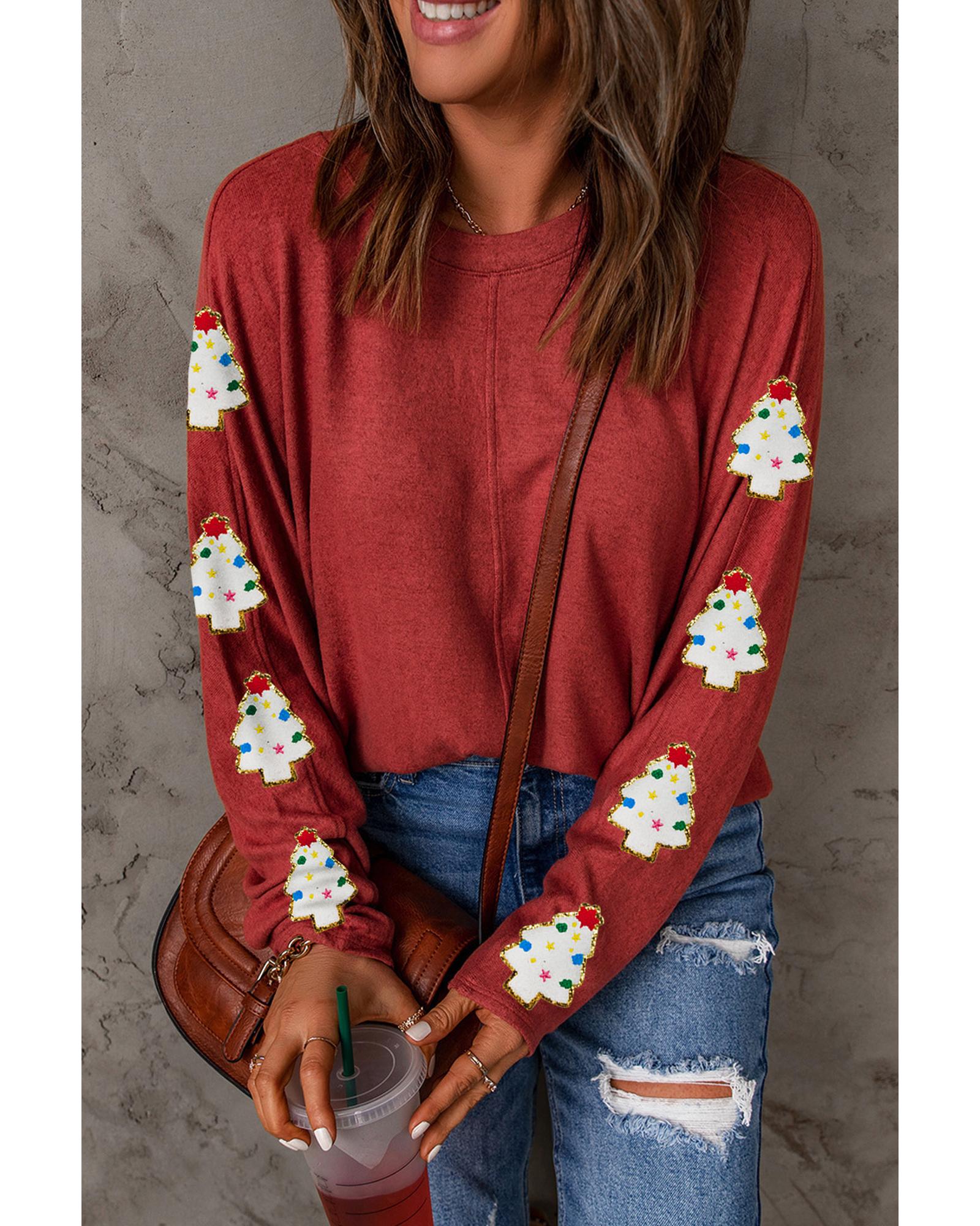 V539-AZEXDC25129855-3-S-202506120530-00 Red Christmas Tree Patch Long Sleeve Casual Top - S - Image 1