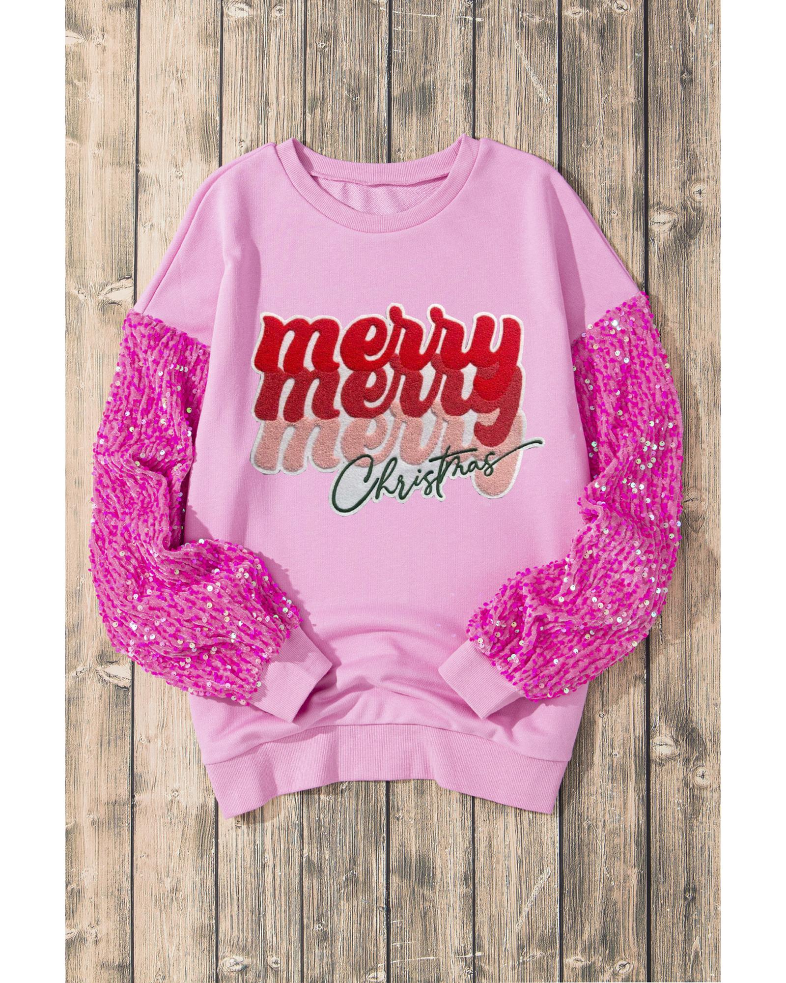 V539-AZEXDC25129856-P10-S-202506120532-00 Pink Merry Christmas Graphic Sequin Sleeve Patchwork Top - S - Image 1