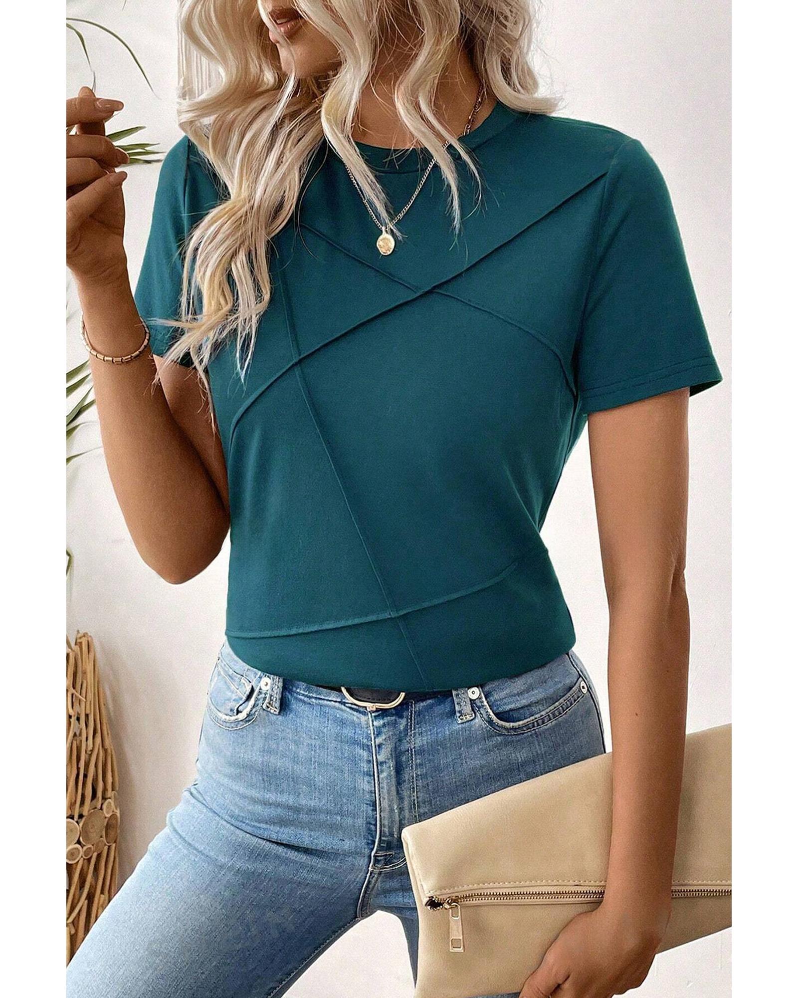 V539-AZEXDC25129870-P805-L-202508271155-00 Blue Sapphire Solid Color Toothpick Stripe Round Neck T Shirt - L - Image 1