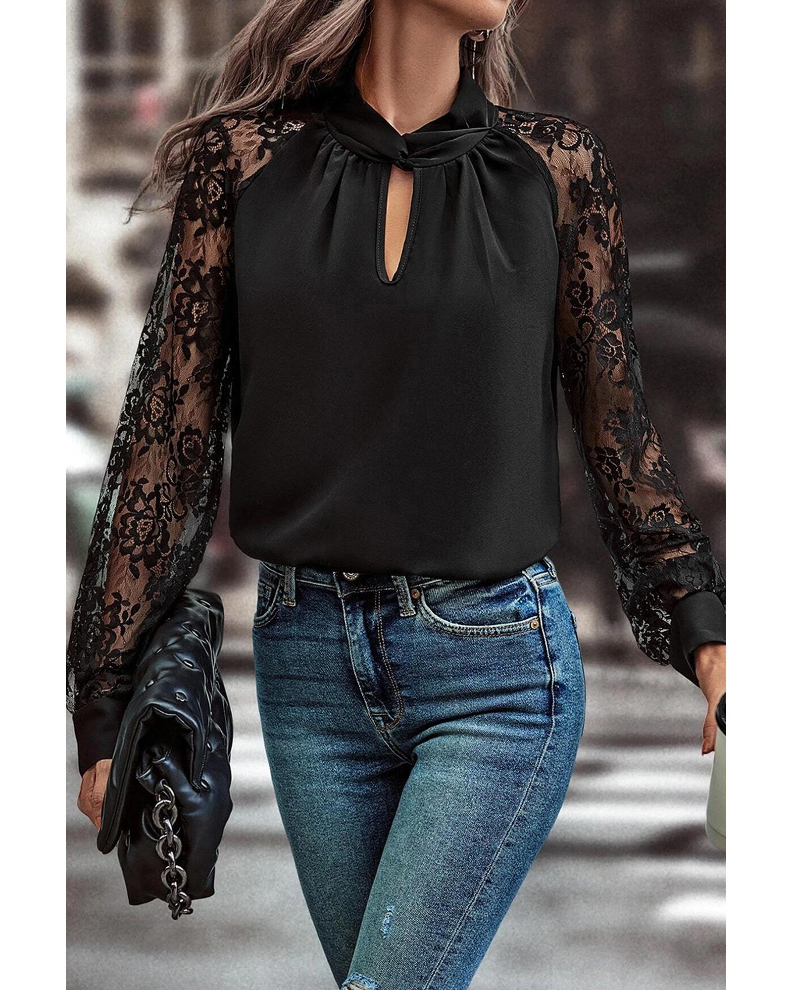 V539-AZEXDC25129886-P2-M-202508271515-00 Black Keyhole Neckline Floral Lace Raglan Sleeve Blouse - M - Image 1