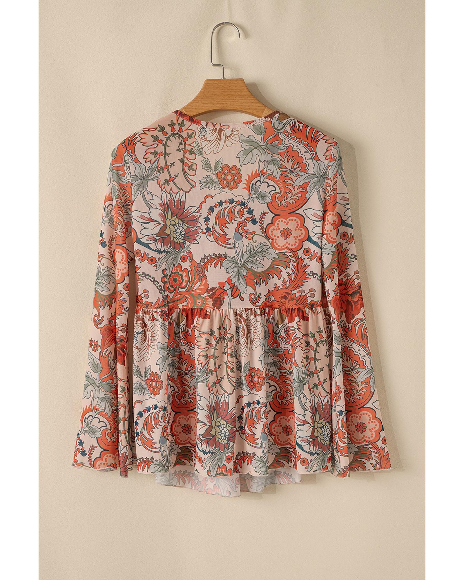 V539-AZEXDC25129890-P1420-S-202508272120-00 Orange Floral Print Deep V Neck Knot Bell Sleeve Blouse - S - Image 1