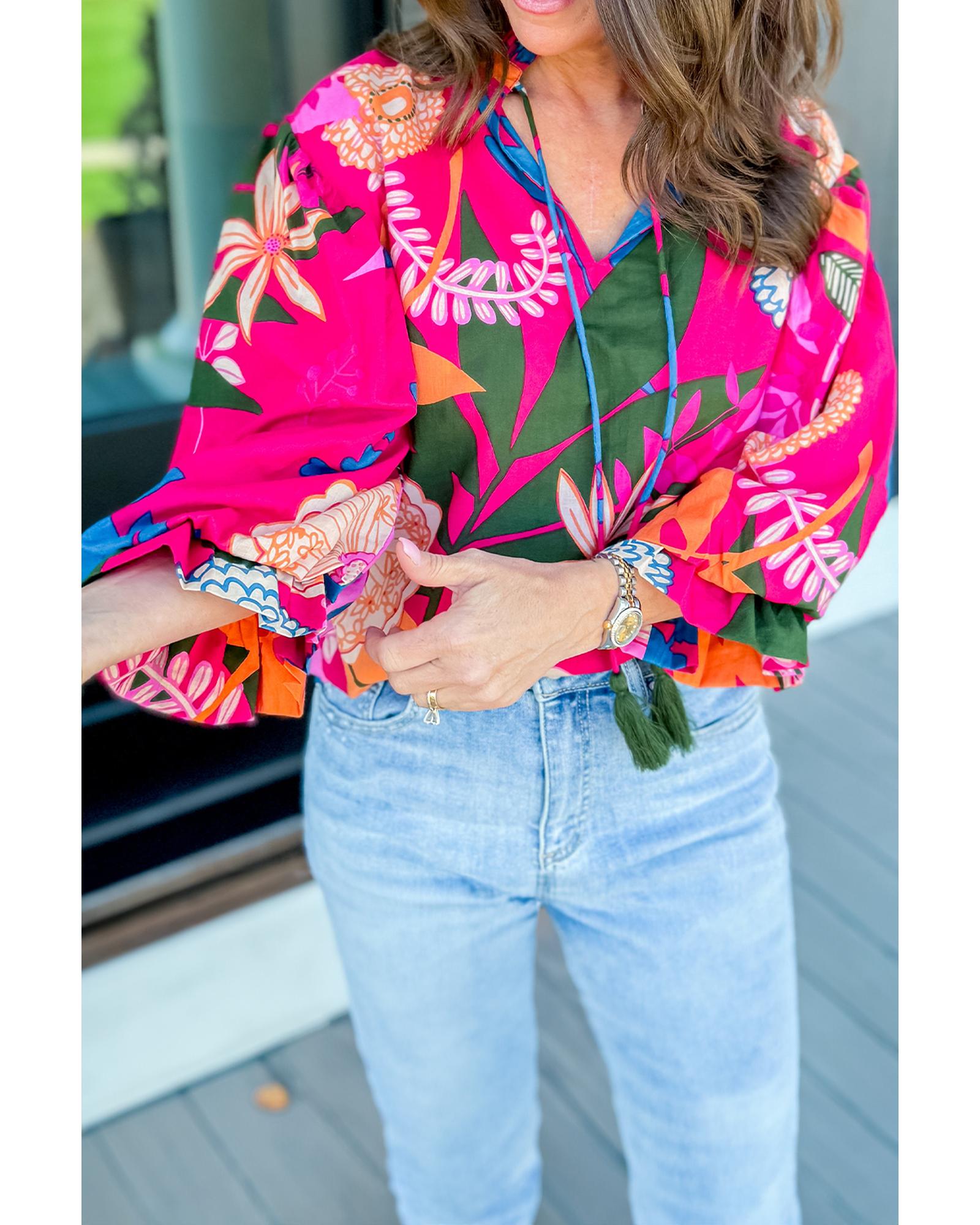 V539-AZEXDC25129891-P620-S-202506120627-00 Rose Blooming Flower Print Ruffled Puff Sleeve Blouse - S - Image 1