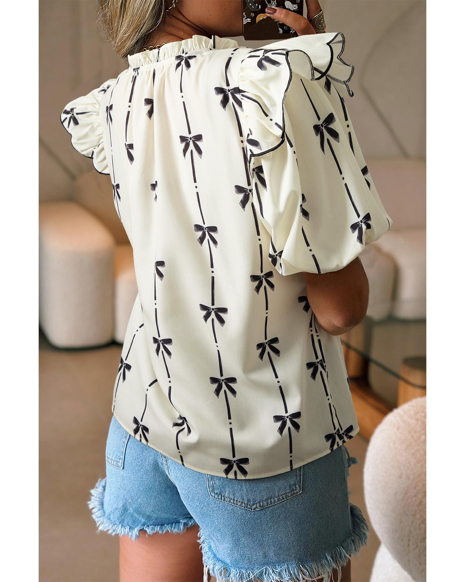 V539-AZEXDC25129923-P1520-XL-202508271820-00 Beige Bow Printed Ruffled Bubble Sleeve Tied Notched V Neck Blouse - XL - Image 1