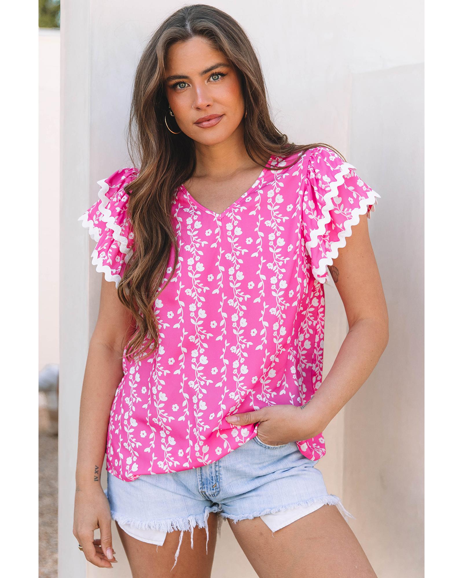 V539-AZEXDC25129942-P1020-L-202508271940-00 Pink Floral Print Ric-rac Tiered Ruffled V Neck Blouse - L - Image 1