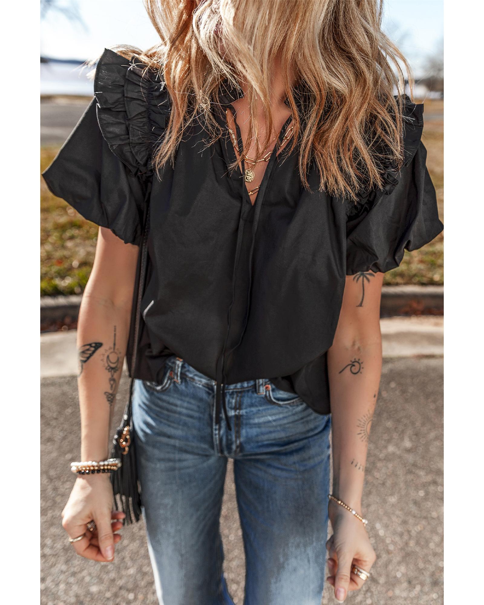 V539-AZEXDC25129965-P2-M-202508280040-00 Black Ruffled Puff Short Sleeve Loose Blouse - M - Image 1