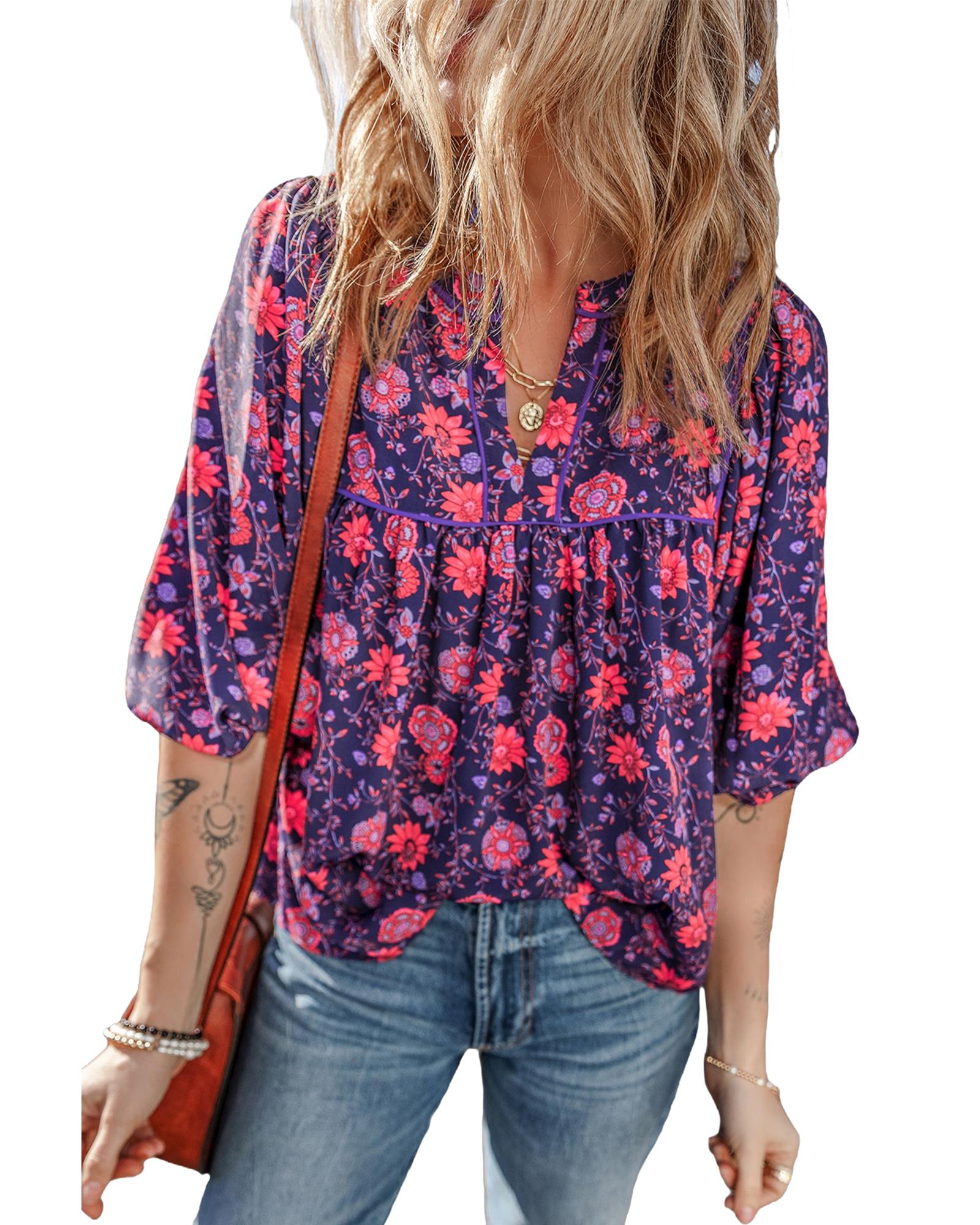 V539-AZEXDC25129966-P820-L-202508270600-00 Purple Floral Half Sleeve Split Neck Blouse Top - L - Image 1