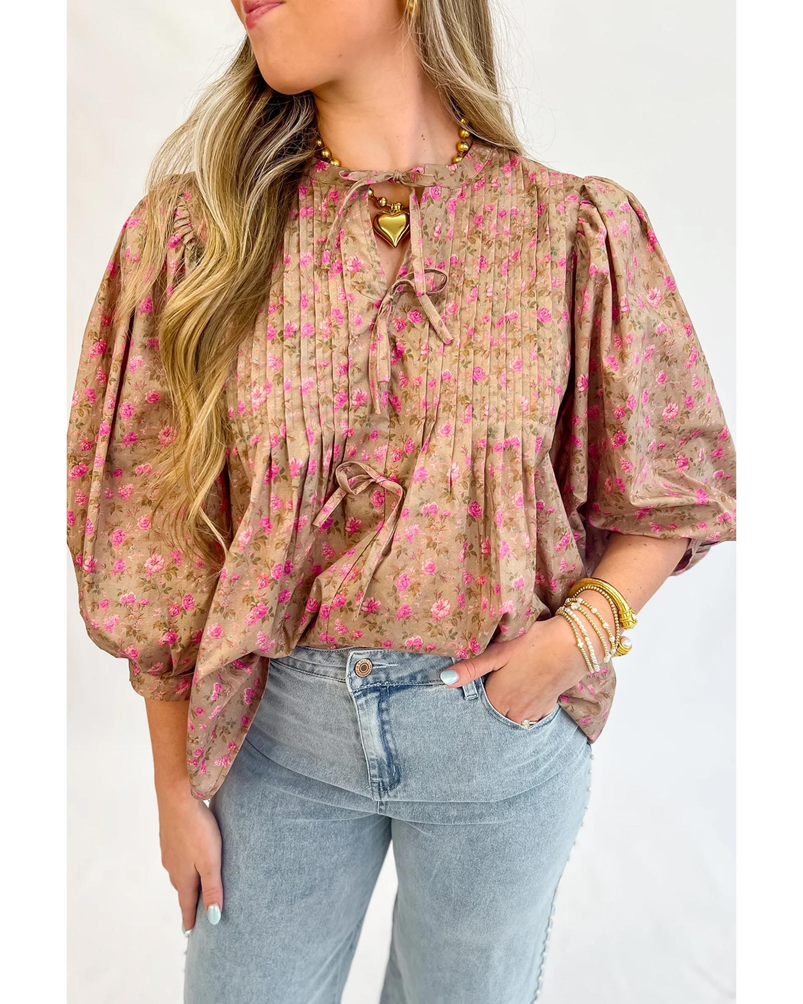 V539-AZEXDC25129993-P4016-S-202506120751-00 Light French Beige Floral Print Bow Pintuck Bust Half Puff Sleeve Blouse Top - S - Image 1