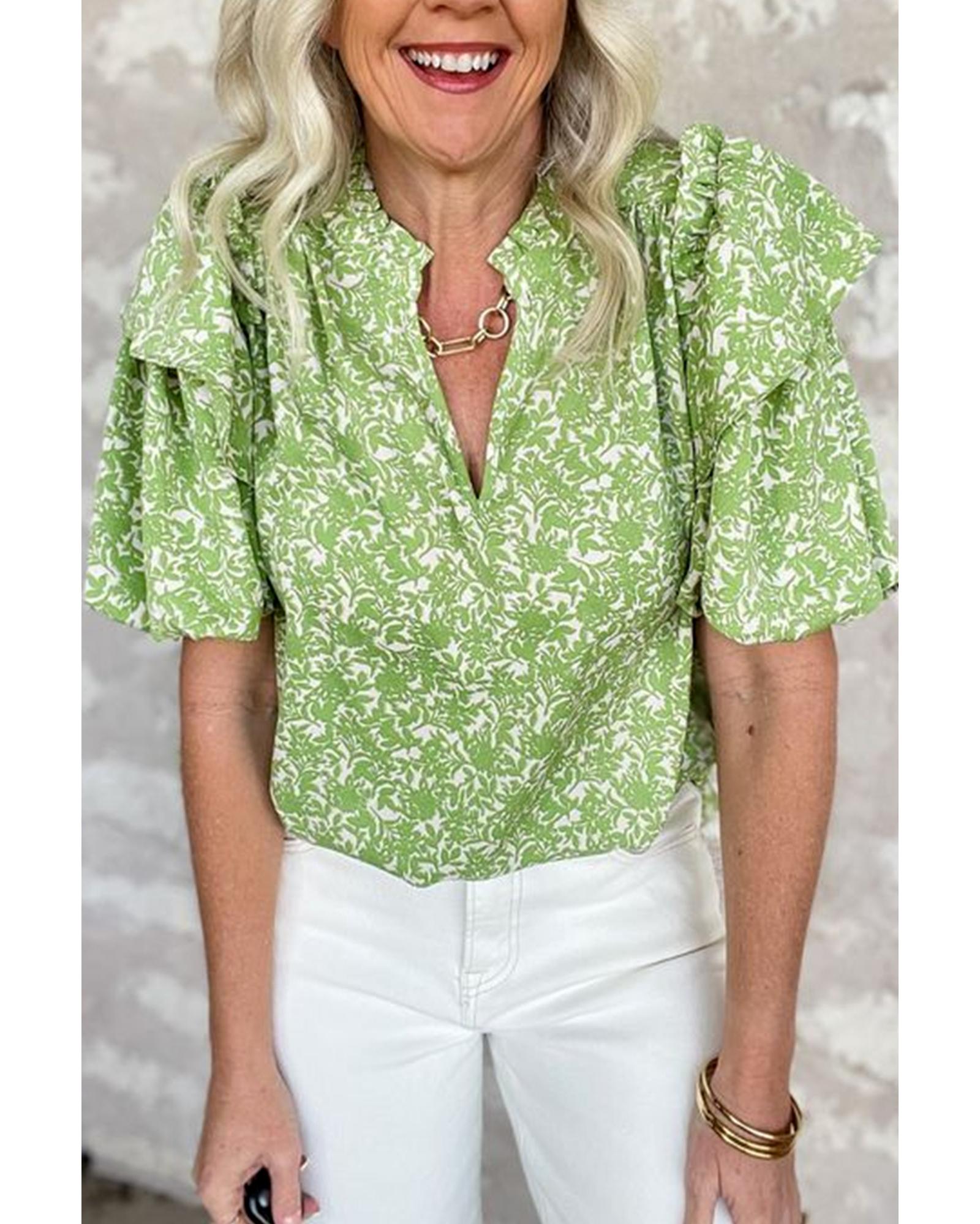 V539-AZEXDC25130003-P809-S-202506120811-00 Light Green Floral Ruffle Puff Short Sleeve Frilled Collar V Neck Blouse - S - Image 1