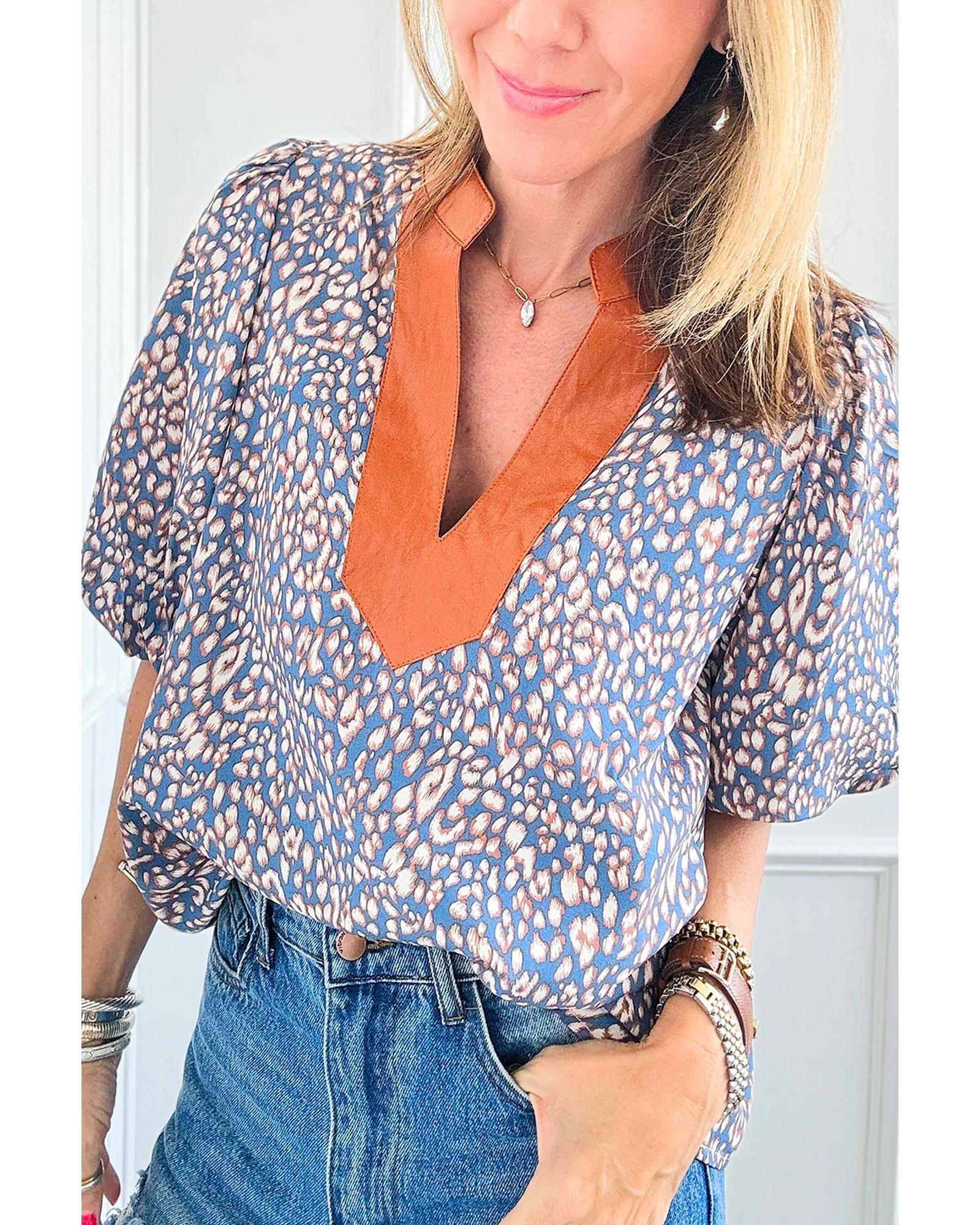 V539-AZEXDC25130013-P604-XL-202508270210-00 Ashleigh Blue Leopard Print Spot Contrast V Neck Half Puff Sleeve Shirt - XL - Image 1