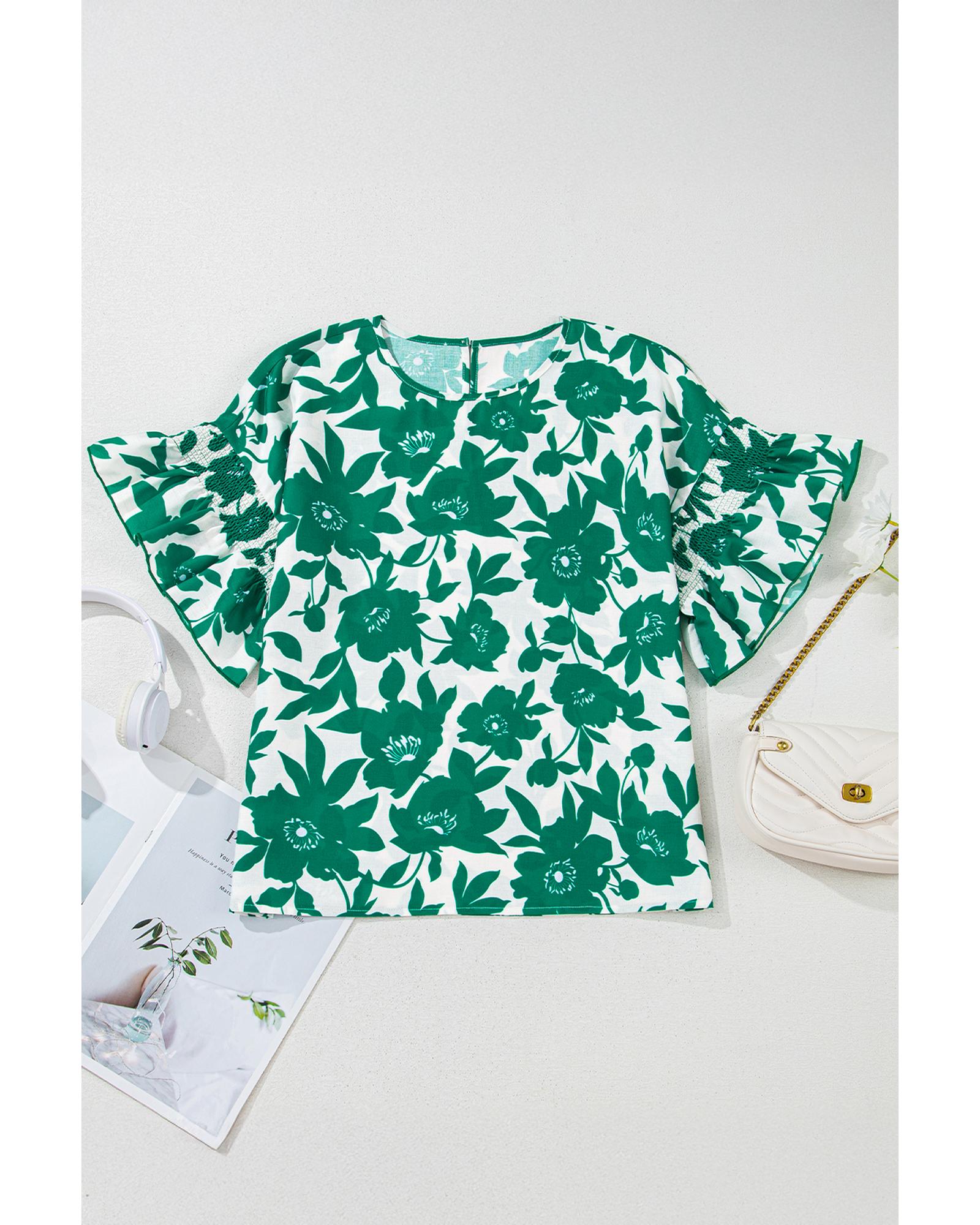 V539-AZEXDC25130040-P920-S-202508272130-00 Green Floral Printed Ruffled Short Sleeve Round Neck Loose Blouse - S - Image 1