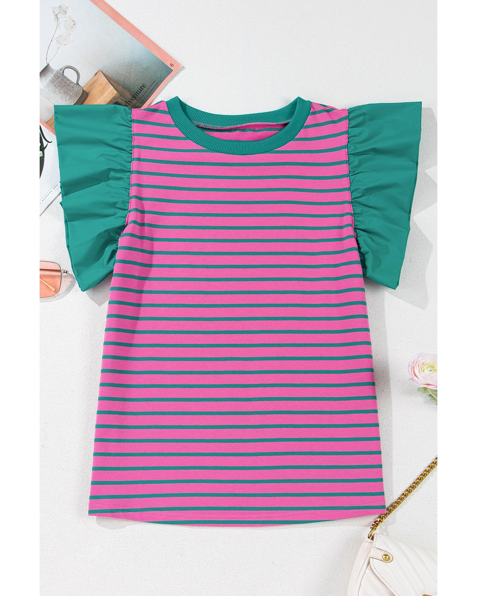 V539-AZEXDC25130058-P1019-M-202508280035-00 Pink Stripe Colorblock Ruffled Sleeve Crew Neck Blouse - M - Image 1