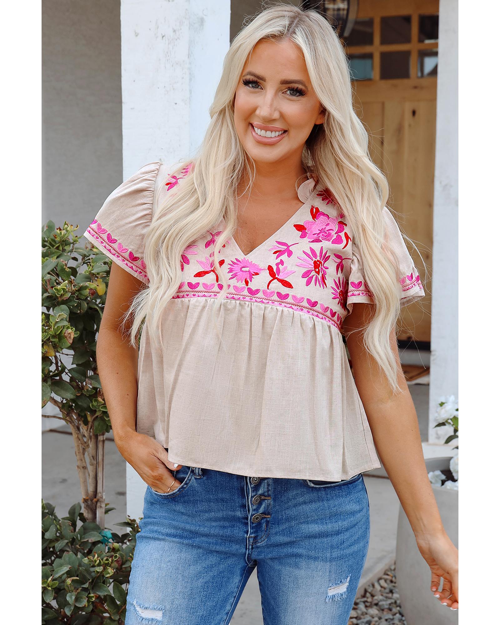 V539-AZEXDC25130090-P15-M-202508272000-00 Beige Floral Embroidered Short Sleeve Notched V Neck Blouse - M - Image 1