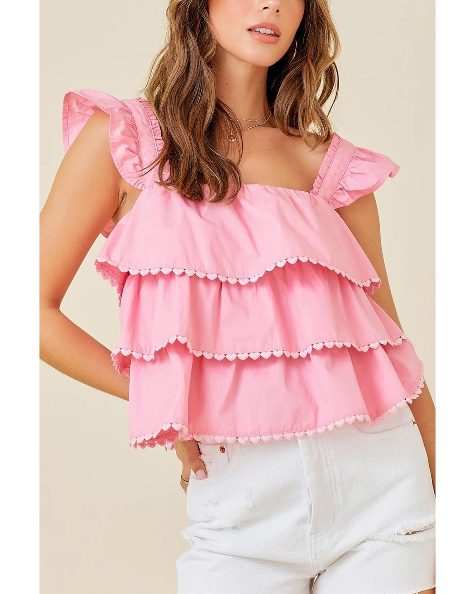 V539-AZEXDC25130150-P10-XL-202508271530-00 Pink Tiered Heart Trim Square Neck Flutter Top - XL - Image 1