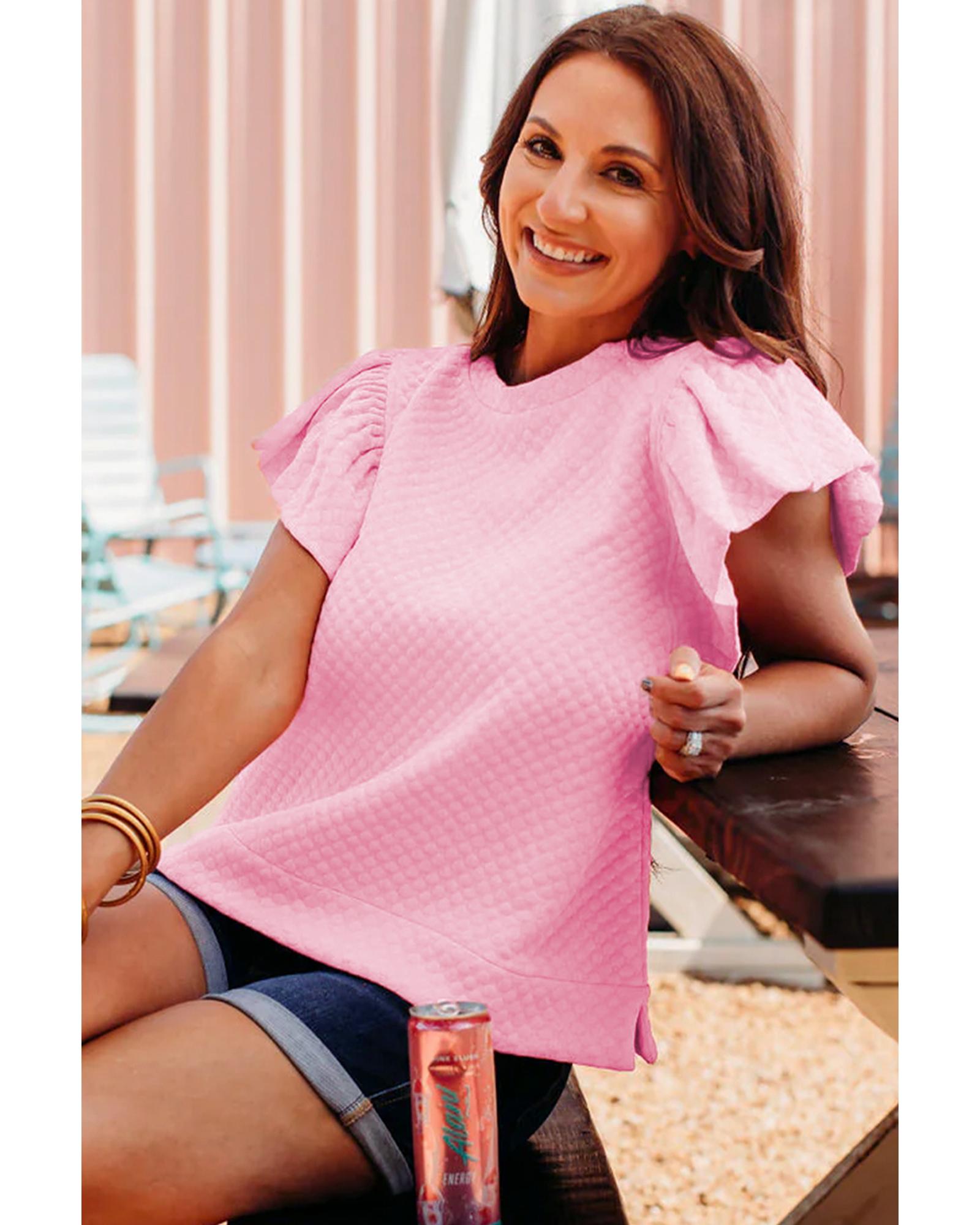 V539-AZEXDC25130159-P10-L-202508272225-00 Pink Textured Ruffle Short Sleeve Pullover Top - L - Image 1