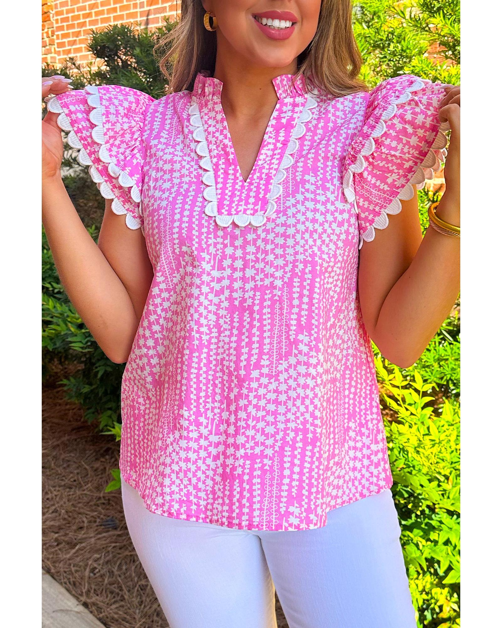 V539-AZEXDC25130177-P1020-S-202506120954-00 Pink Abstract Print Ric Rac Trim Flutter Sleeve Notch V Neck Blouse - S - Image 1