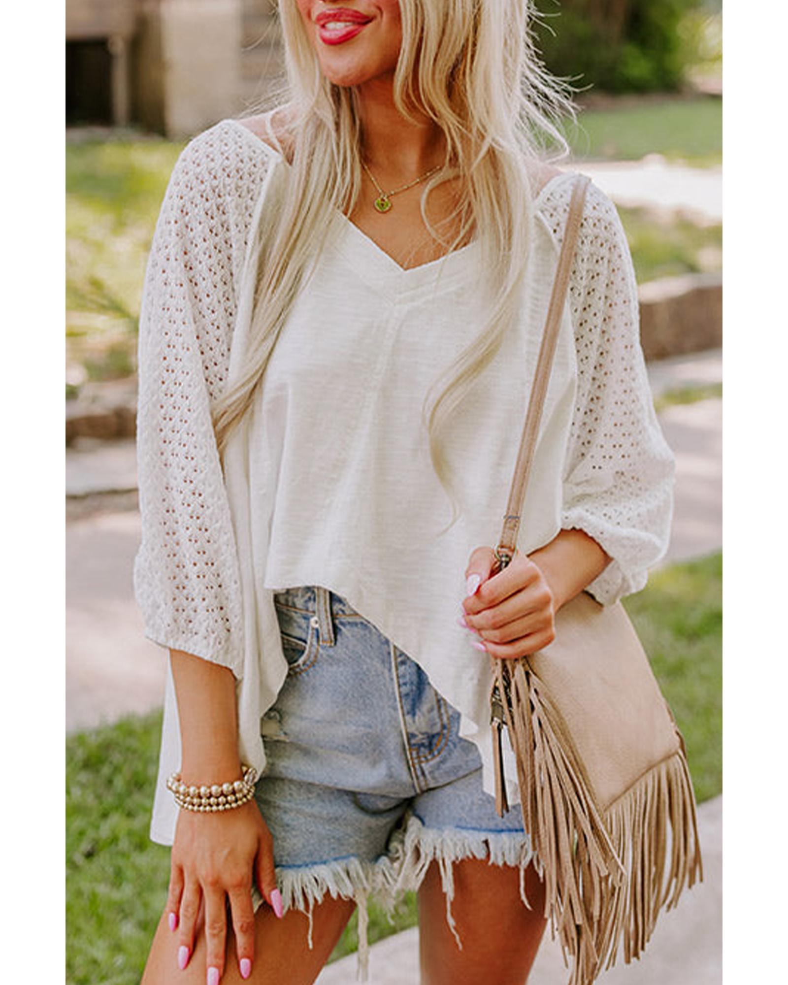 V539-AZEXDC25130191-P101-M-202508272050-00 White Eyelet Patchwork High Low Hem V Neck Oversized Top - M - Image 1