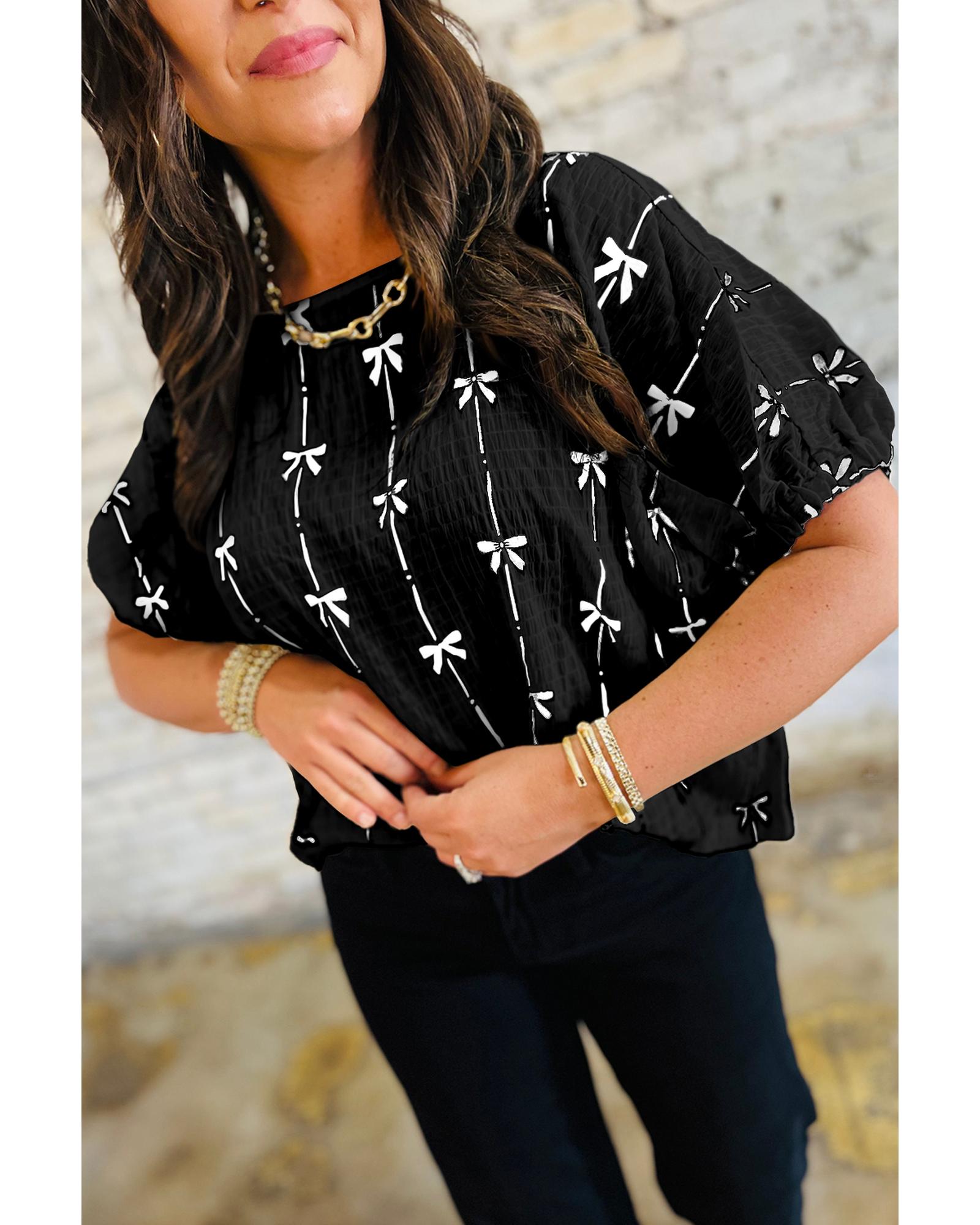 V539-AZEXDC25130205-P220-S-202508271530-00 Black Bow Print Puff Short Sleeve Top - S - Image 1