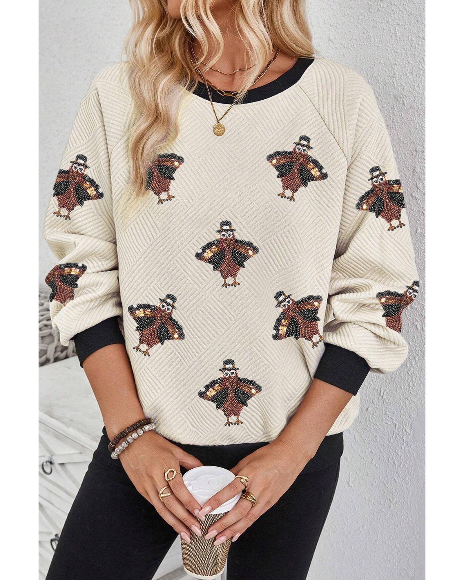 V539-AZEXDC25130208-P2015-L-202508272335-00 Jet Stream Textured Colorblock Edge Sequin Turkey Graphic Long Sleeve Top - L - Image 1