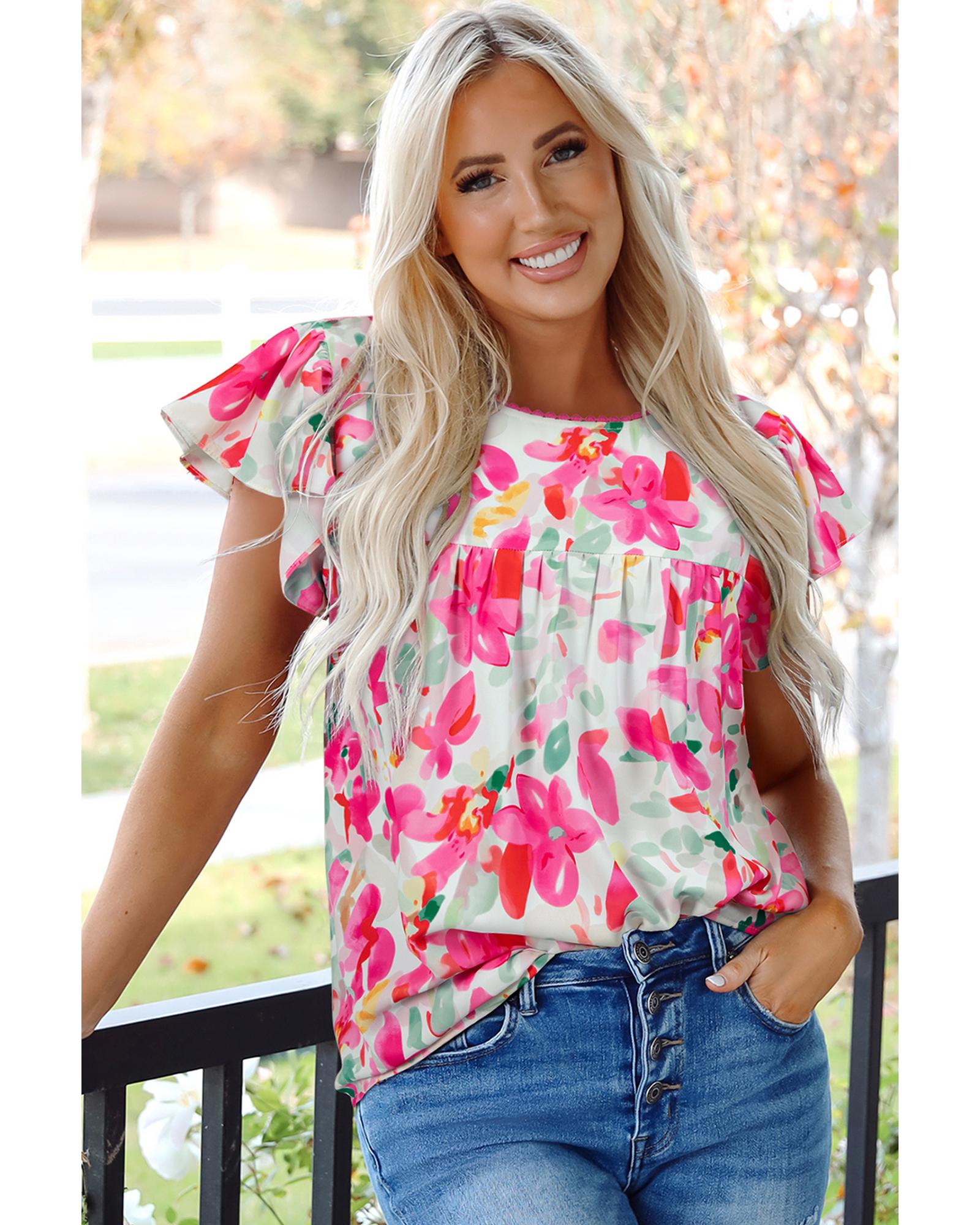V539-AZEXDC25130212-P620-S-202506121036-00 Rose Floral Print Flutter Sleeve Round Neck Casual Blouse - S - Image 1
