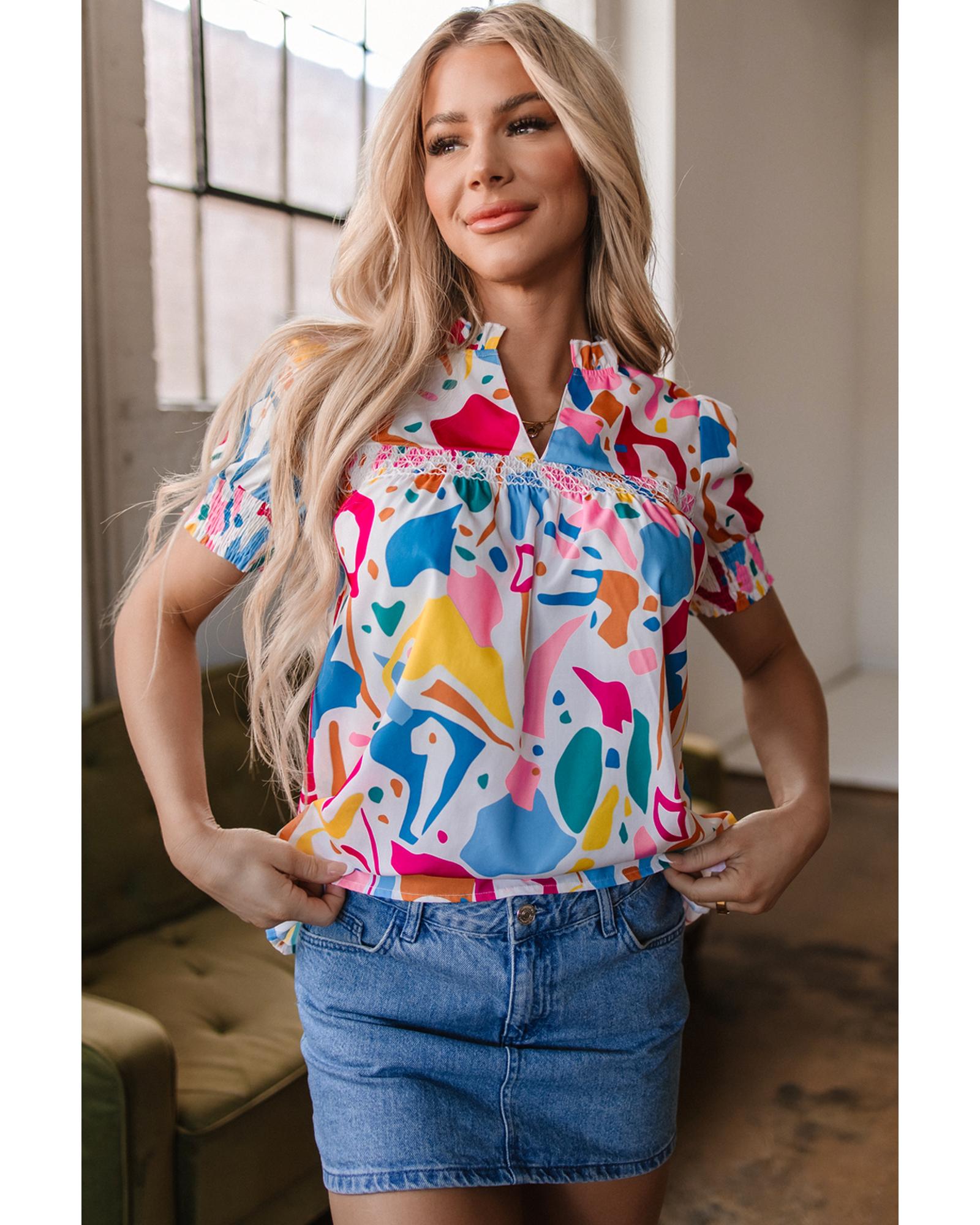 V539-AZEXDC25130233-P22-M-202508271905-00 Multicolour Abstract Print Lace Detail Shirred Short Sleeve Split Neck Blouse - M - Image 1
