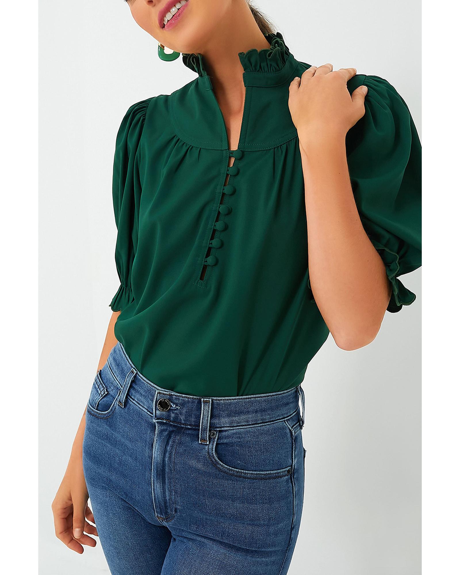 V539-AZEXDC25130270-P309-L-202508271410-00 Blackish Green Solid Puff Sleeve Frilled Trim Elegant Blouse - L - Image 1