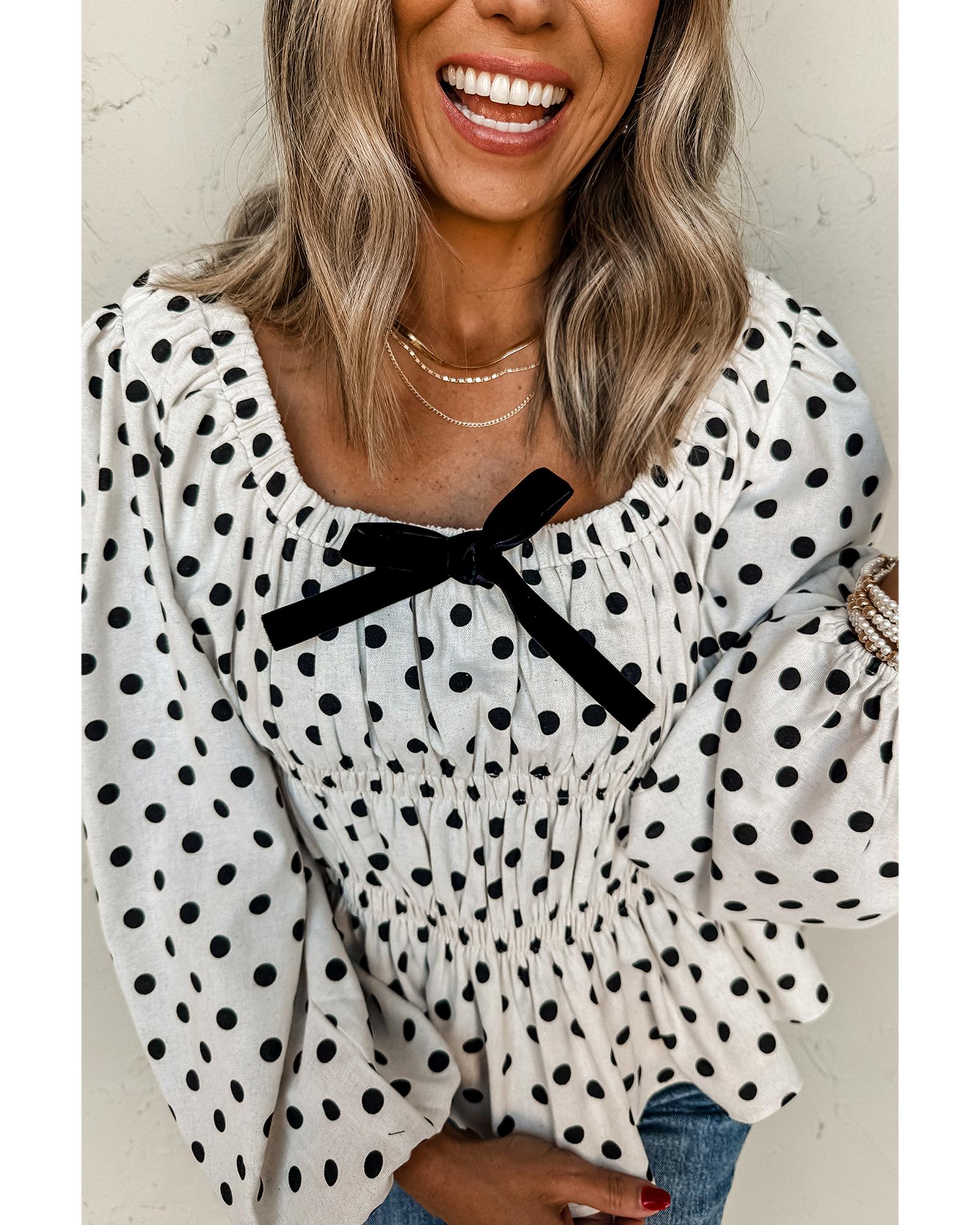 V539-AZEXDC25130285-P220-M-202508271845-00 Black Polka Dot Puff Sleeve Bow Square Neck Peplum Top - M - Image 1