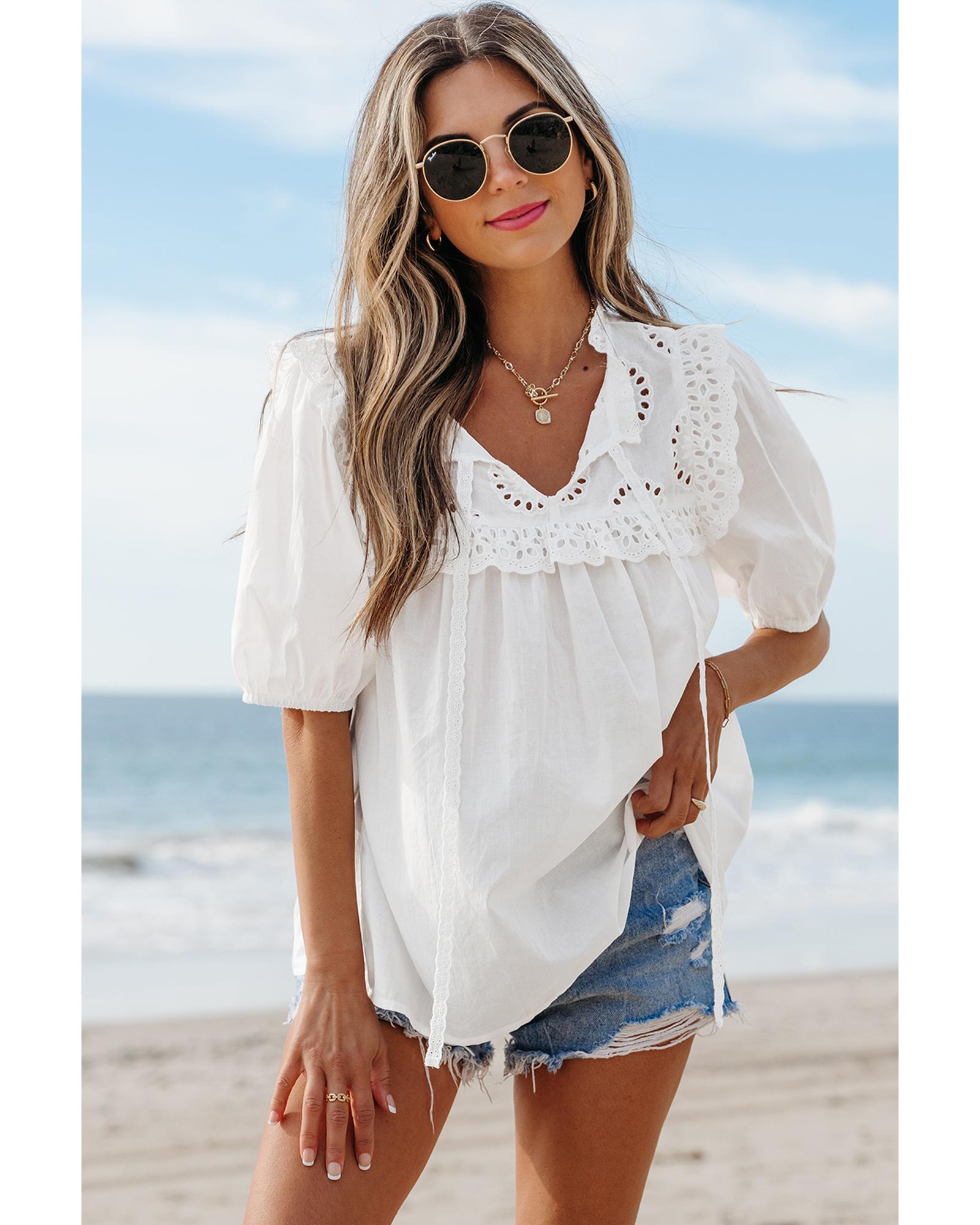 V539-AZEXDC25130292-P1-M-202508280030-00 White Embroidered Lace Patchwork Tie Neck Puff Short Sleeve Blouse - M - Image 1