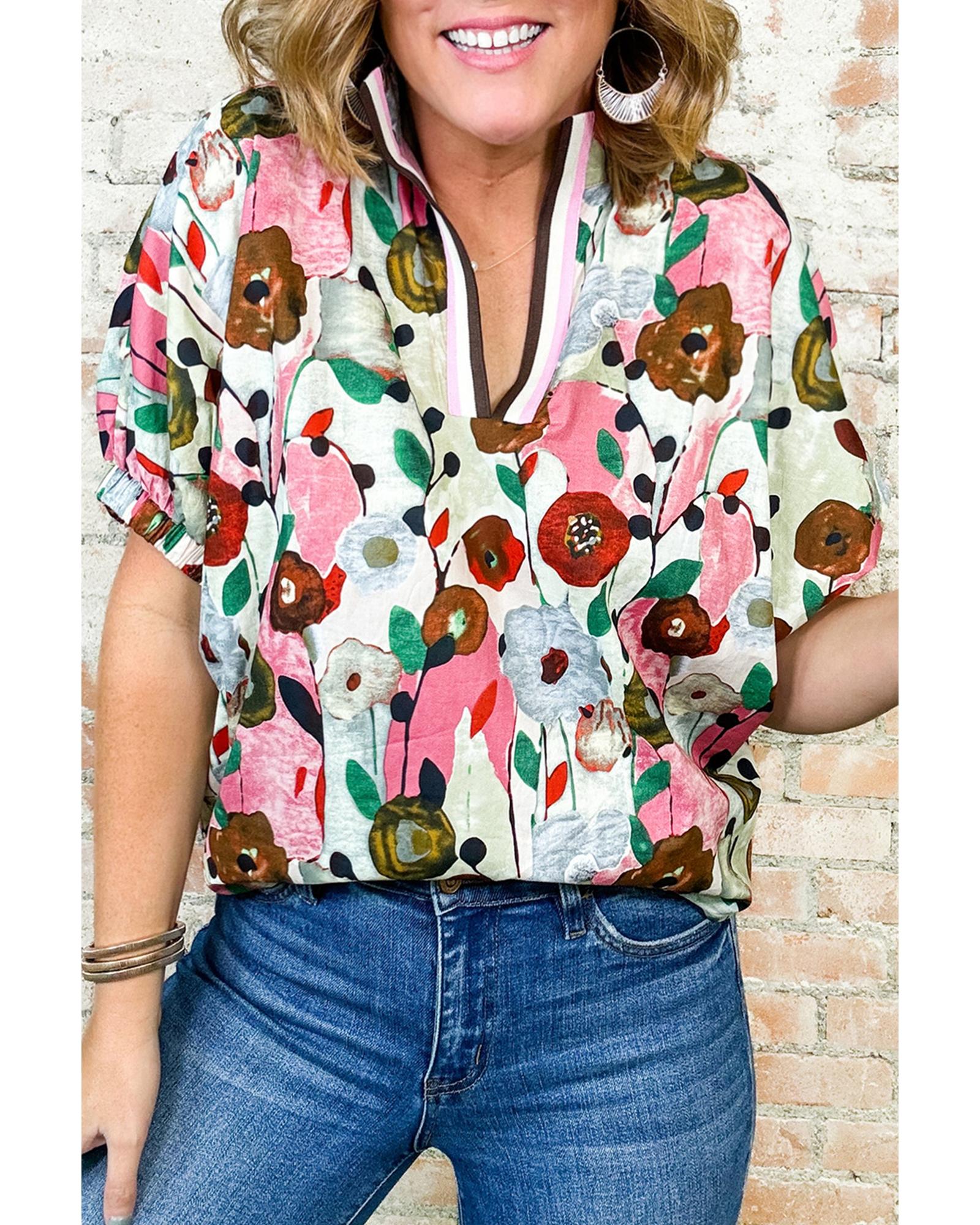 V539-AZEXDC25130310-P10-XL-202508280010-00 Pink Floral Print Slit V Neck Short Sleeve Blouse - XL - Image 1