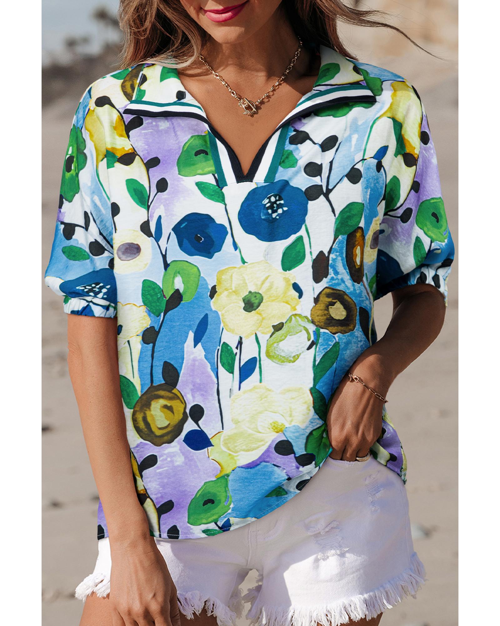 V539-AZEXDC25130310-P4-L-202508270845-00 Light Blue Floral Print Slit V Neck Short Sleeve Blouse - L - Image 1