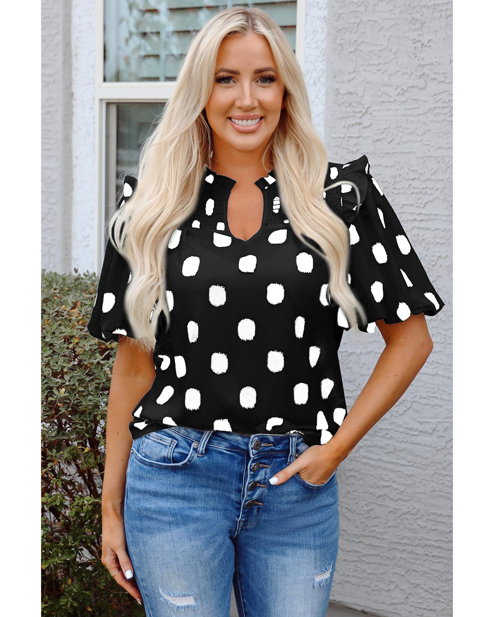V539-AZEXDC25130347-P220-XL-202508271805-00 Black Polka Dot Print Shirred Yoke Notched Neck Balloon Sleeve Blouse - XL - Image 1