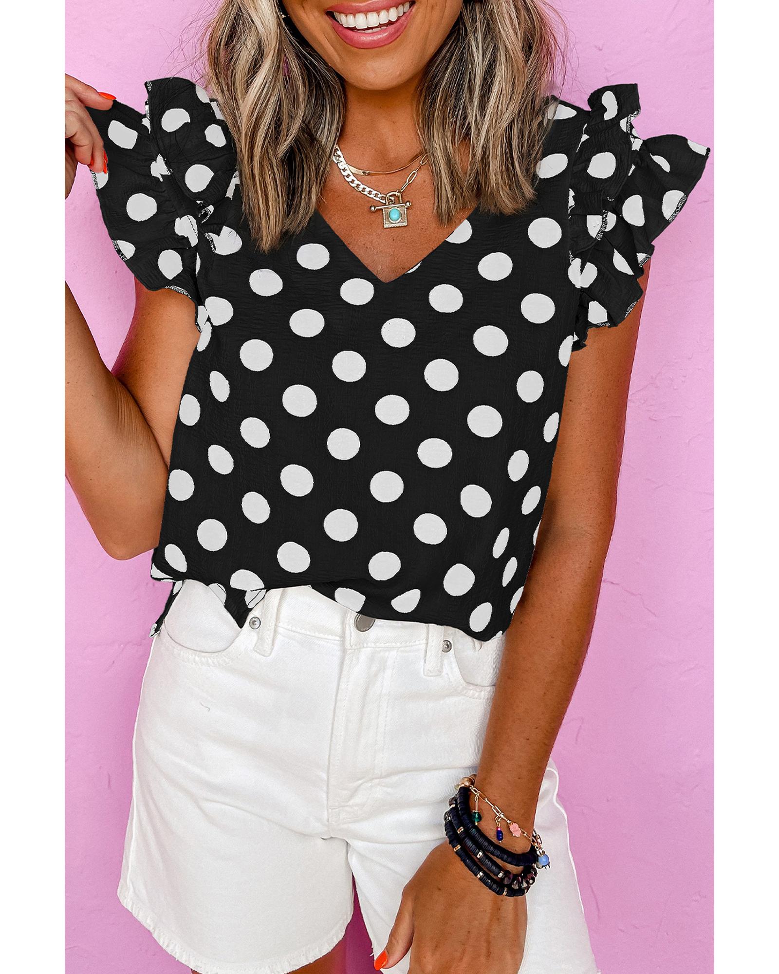 V539-AZEXDC25130401-P220-M-202508271945-00 Black Polka Dot Print Ruffled Sleeve V Neck Blouse - M - Image 1