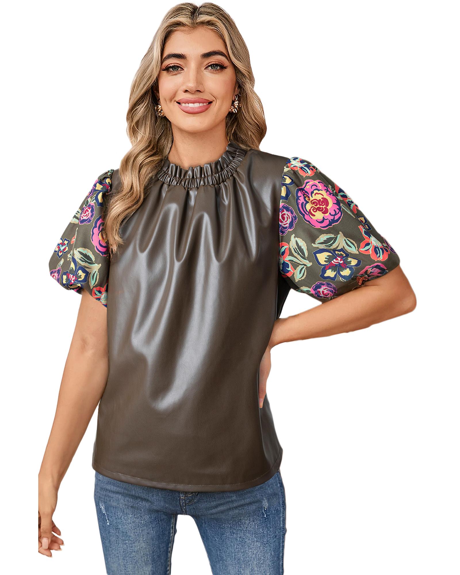 V539-AZEXDC25130409-P2909-M-202508270335-00 Four Leaf Clover Floral Bubble Sleeve Patchwork Leatherette Frilled Round Neck Blouse - M - Image 1
