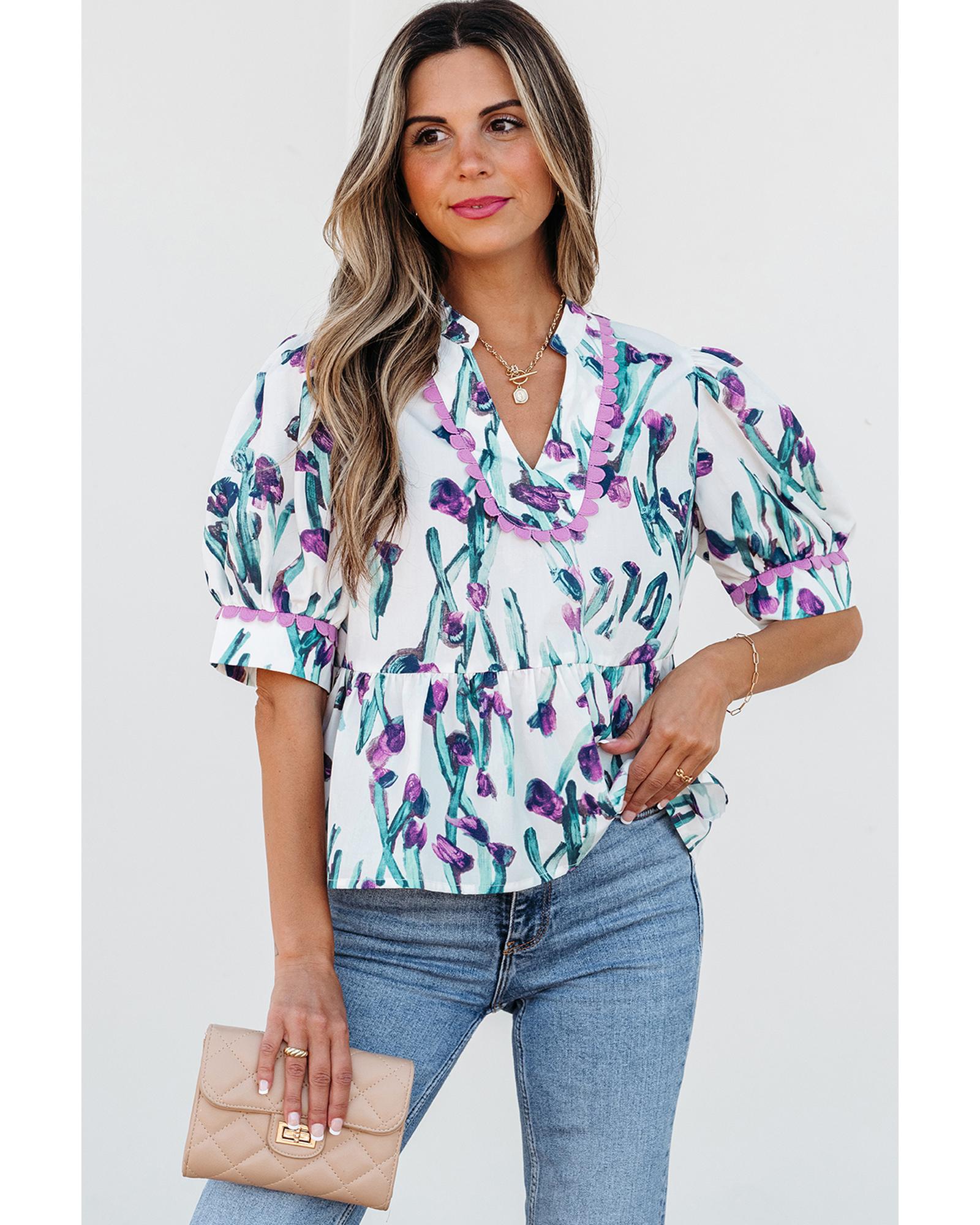 V539-AZEXDC25130443-P820-XL-202508272350-00 Purple Floral Ricrac Trim Half Sleeve Peplum Top - XL - Image 1