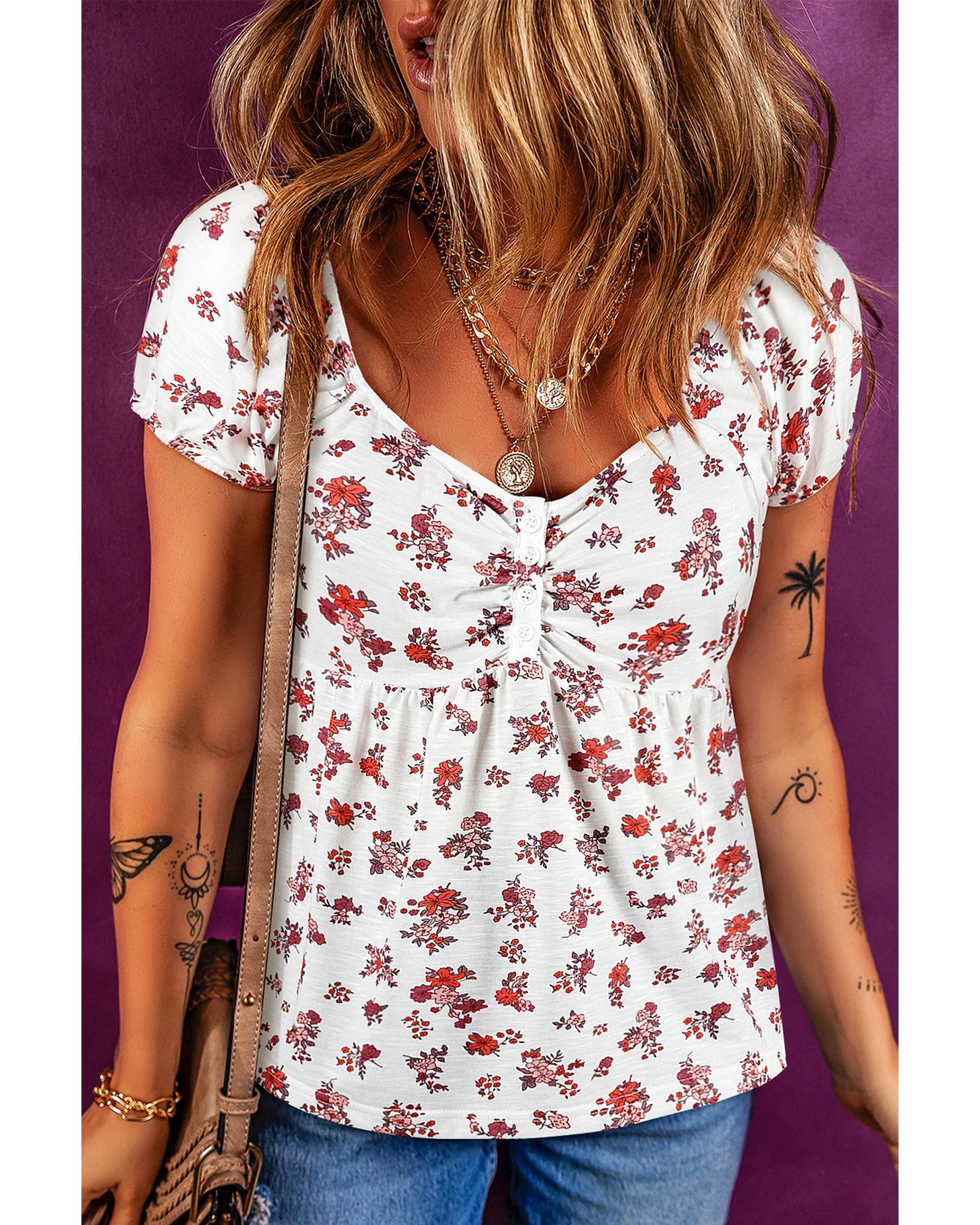 V539-AZEXDC25130455-P120-S-202506121412-00 White Boho Floral Ruched Cinched Short Sleeve Blouse - S - Image 1