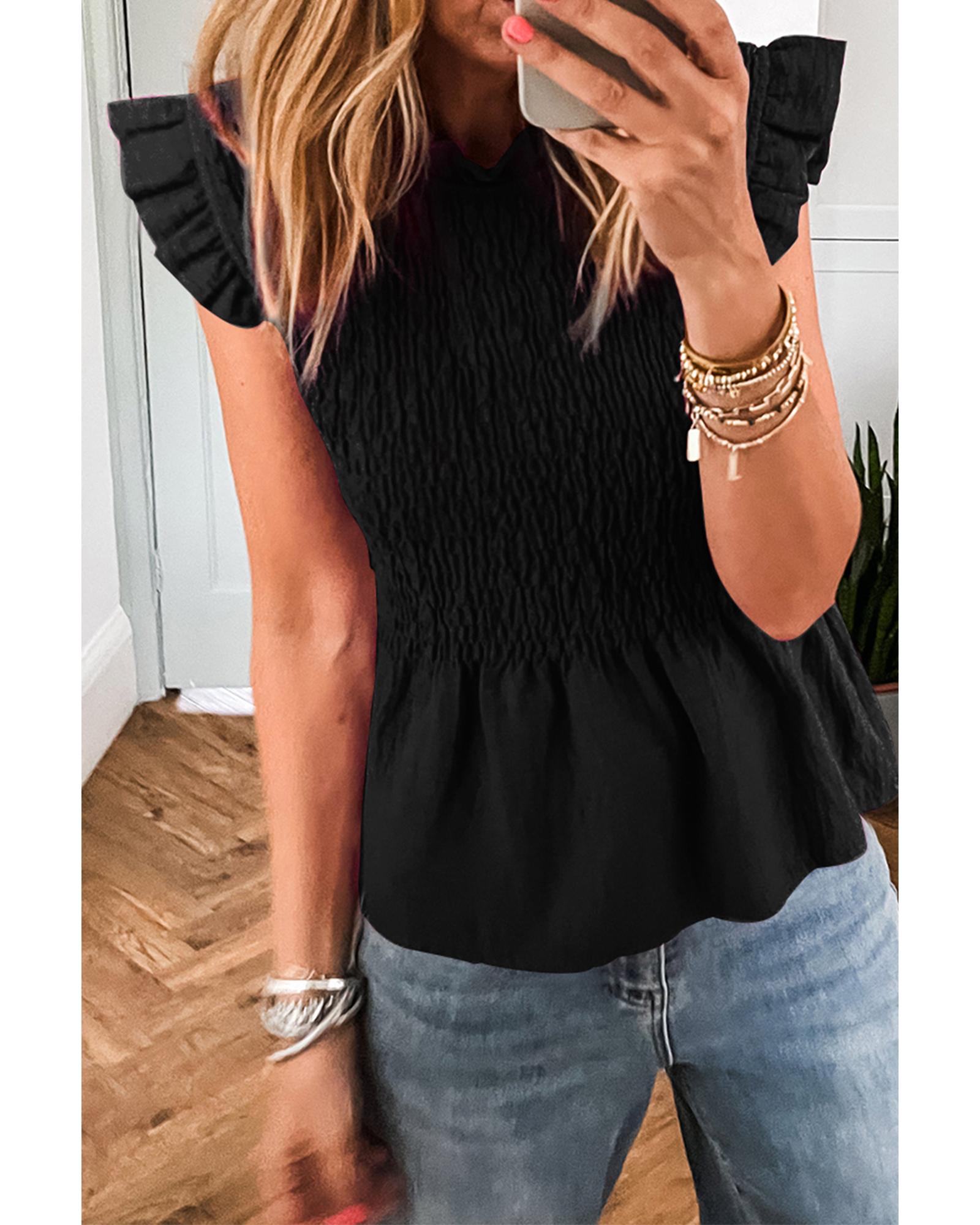 Black Ruffle Short Sleeve Shirred Peplum Top - L