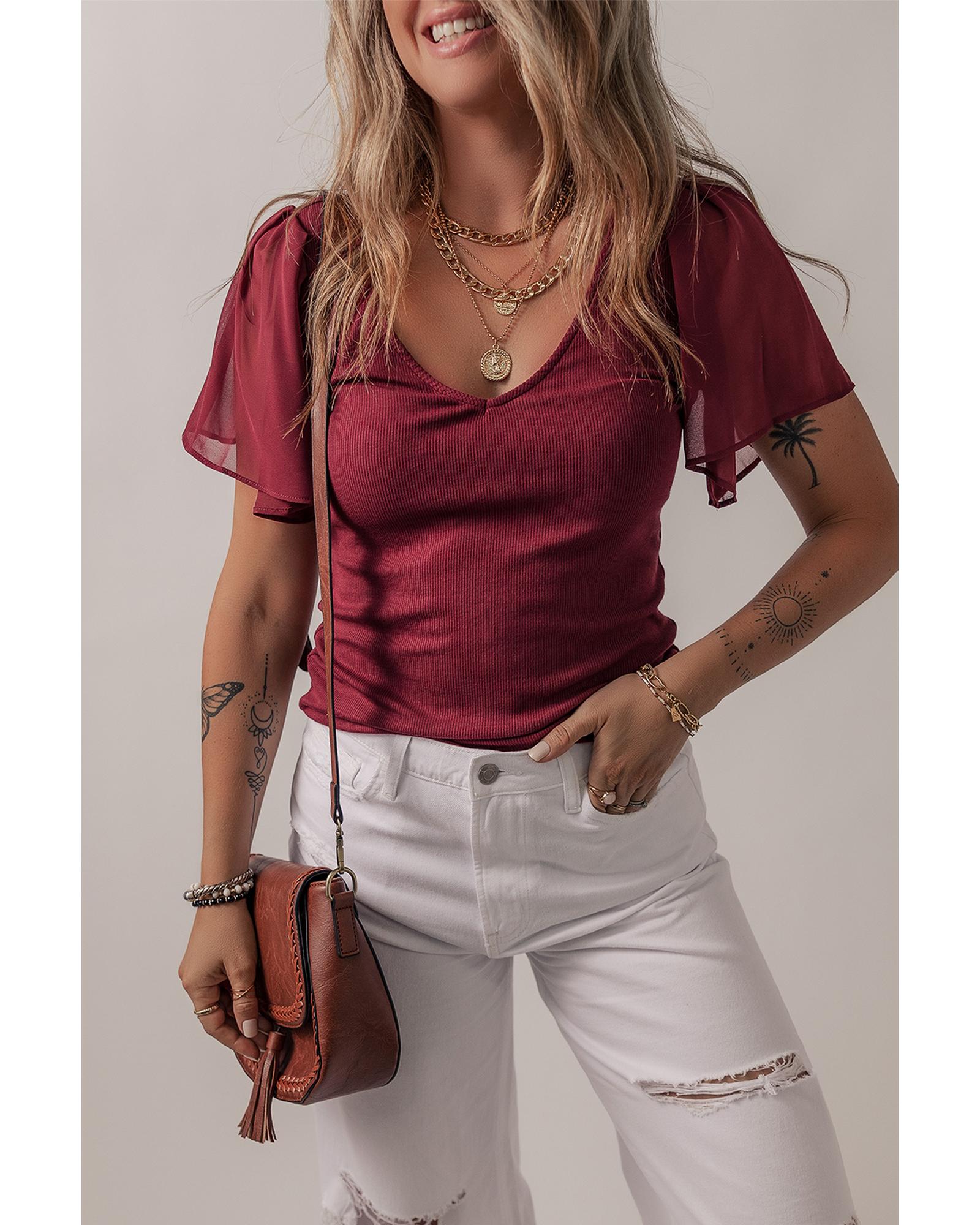 Red Dahlia Mesh Ruffled Sleeve Slim Fit V Neck Top - L