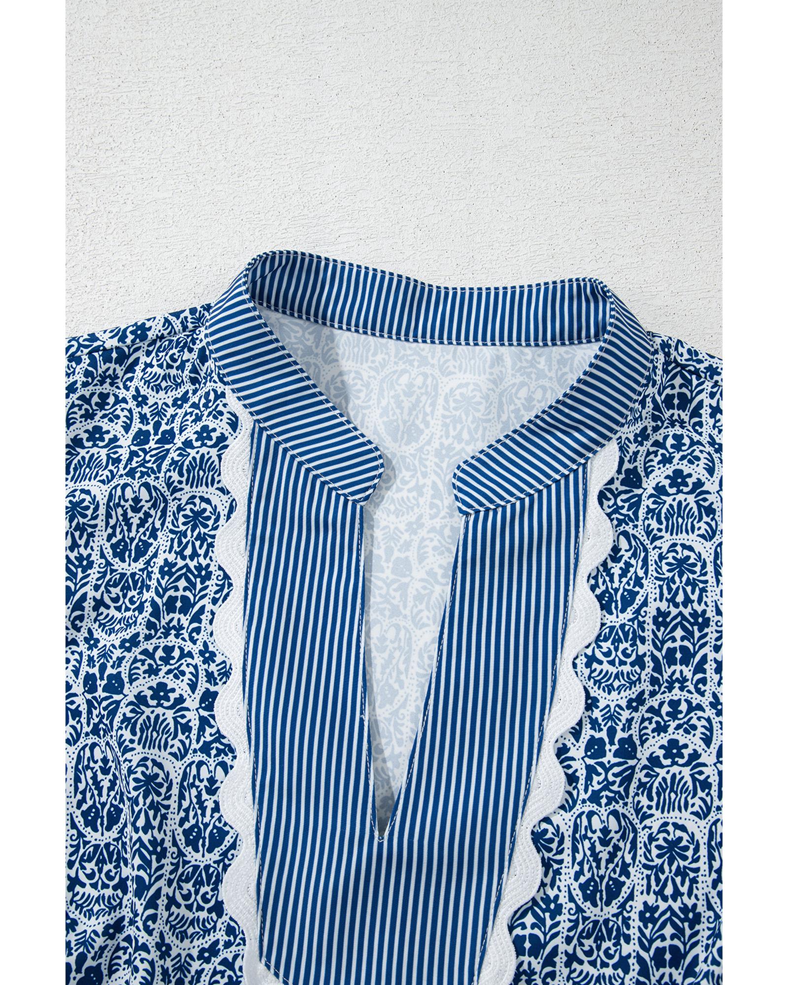 V539-AZEXDC25130544-P520-XL-202506121435-00 Blue Floral Striped Print Contrast Ric-rac Puff Sleeve Top - XL - Image 1