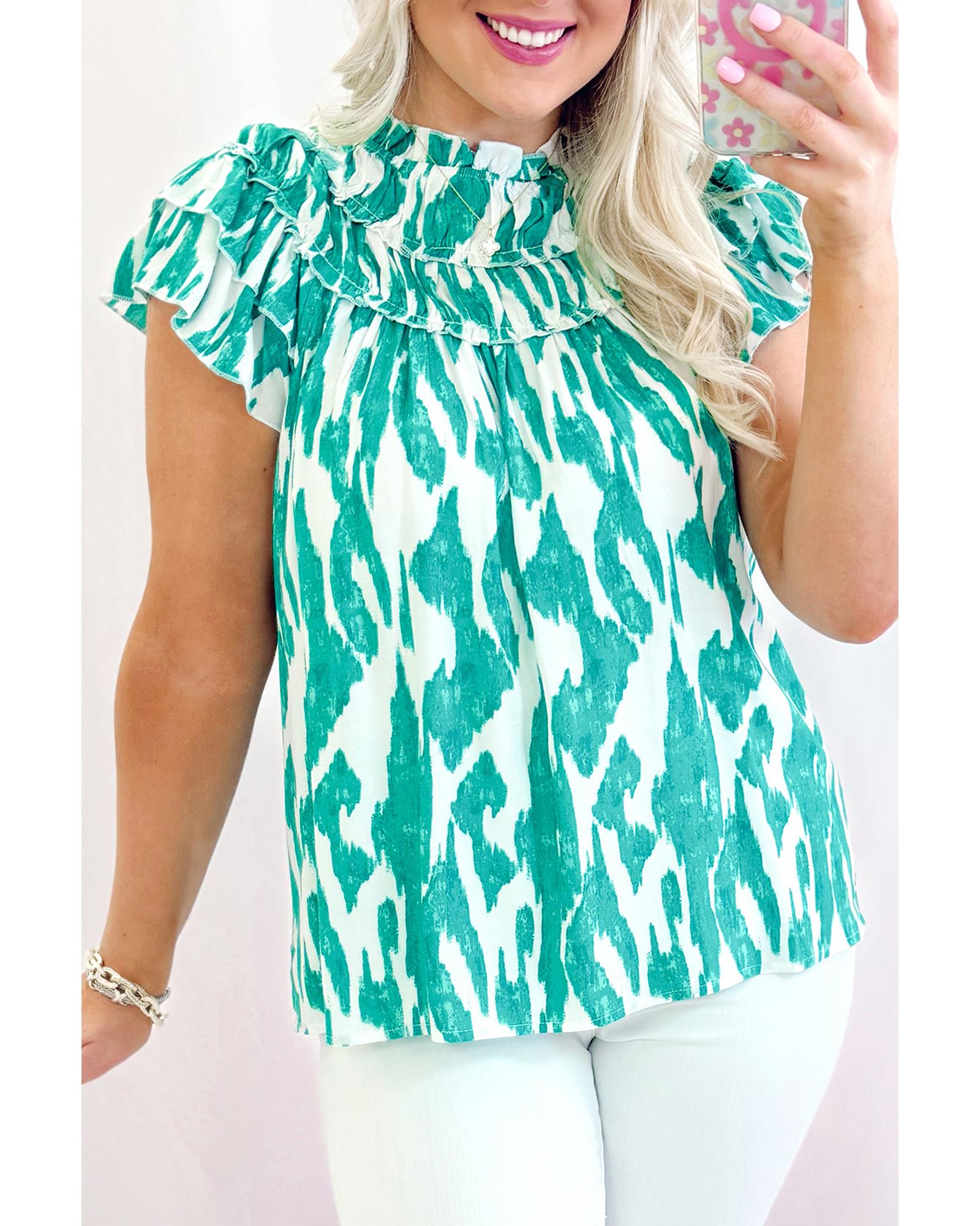 V539-AZEXDC25130614-P420-M-202508271455-00 Sky Blue Abstract Print Frilled Crewneck Loose Fit Blouse - M - Image 1