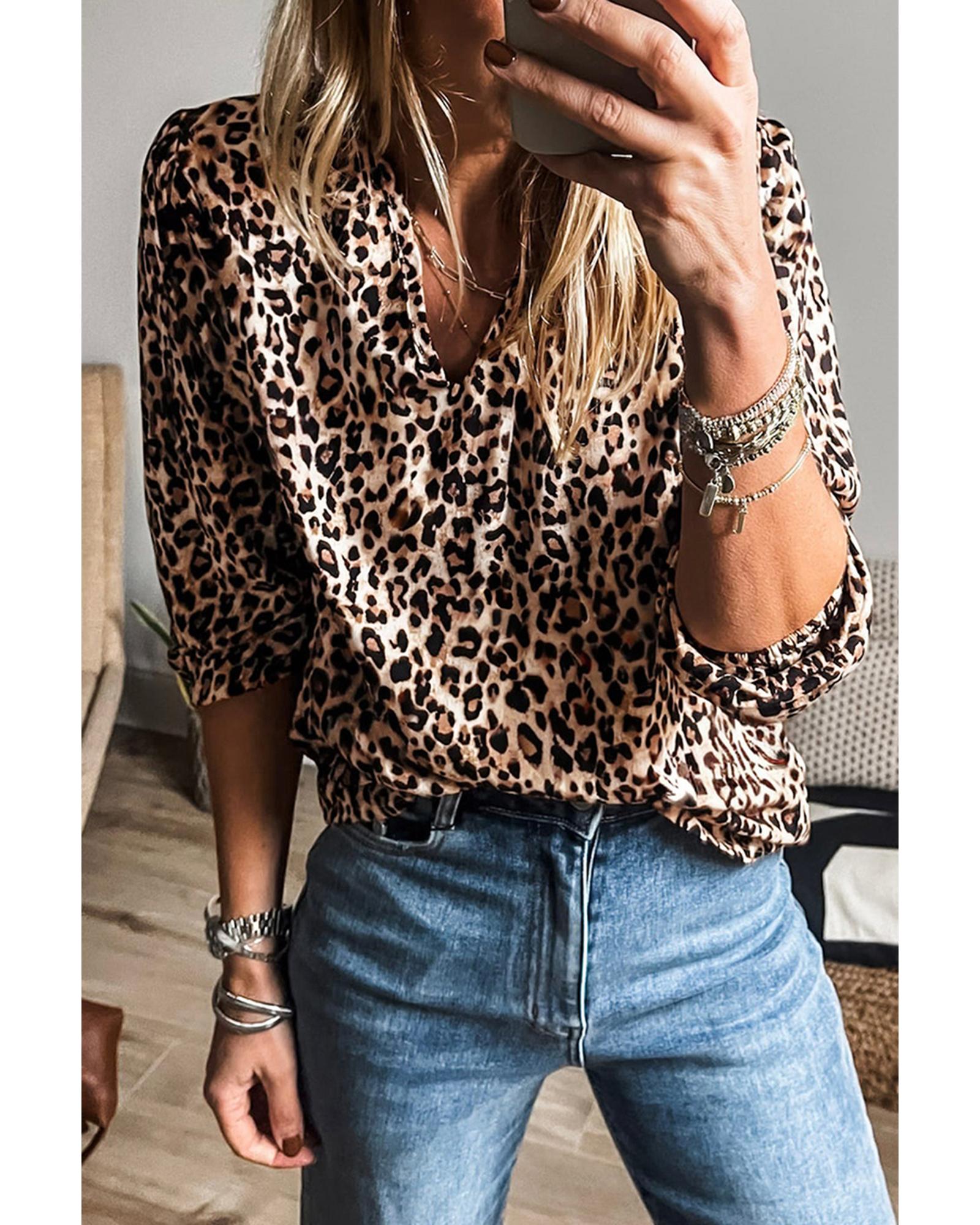 V539-AZEXDC25130616-P1820-M-202508272005-00 Apricot Leopard V Neck Half Sleeve Blouse - M - Image 1