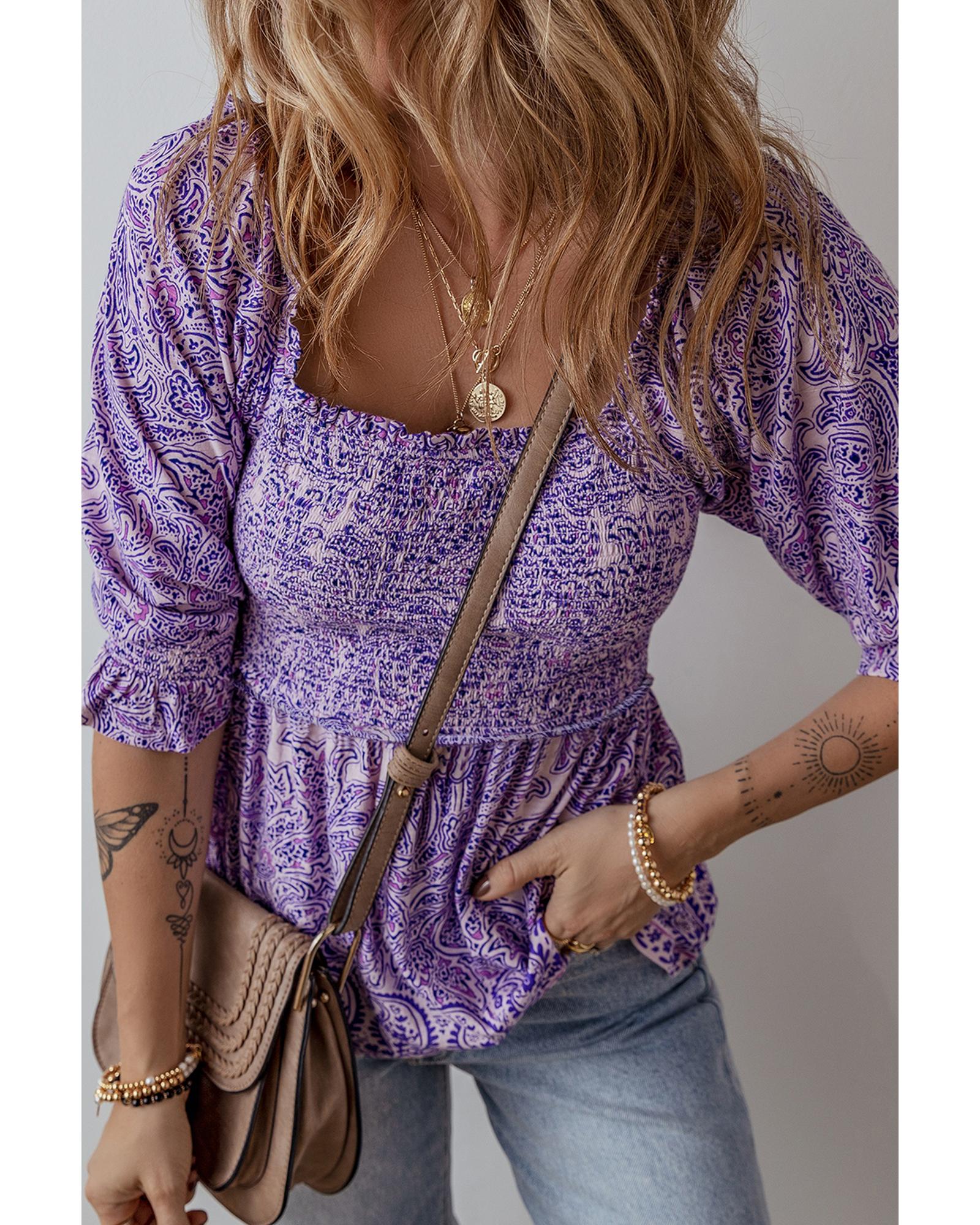 V539-AZEXDC25130617-P820-S-202506120921-00 Purple Boho Paisley Print Half Sleeve Shirred Peplum Blouse - S - Image 1