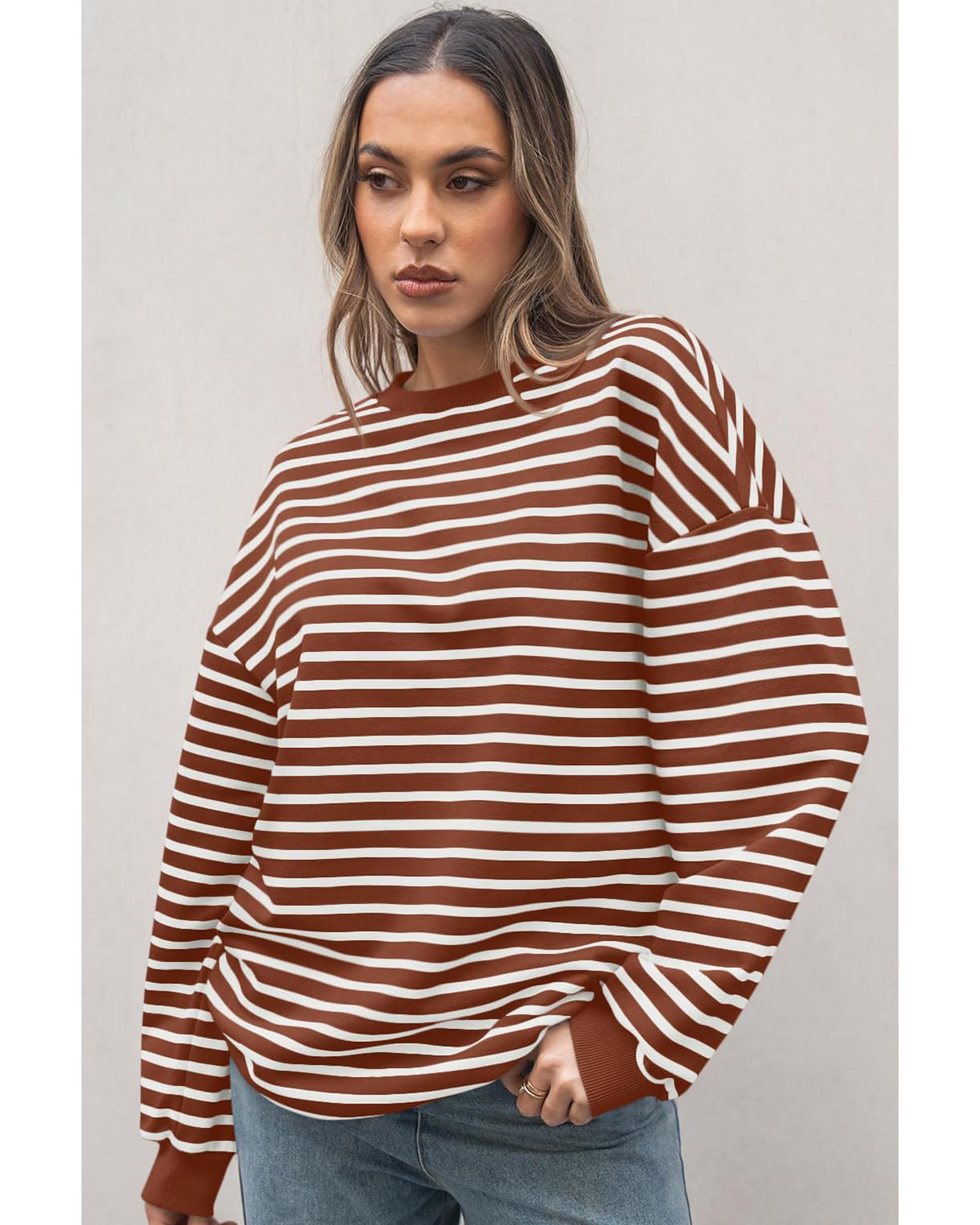 V539-AZEXDC25130684-P1017-L-202508280035-00 Coffee Striped Long Sleeve Round Neck Loose Top - L - Image 1