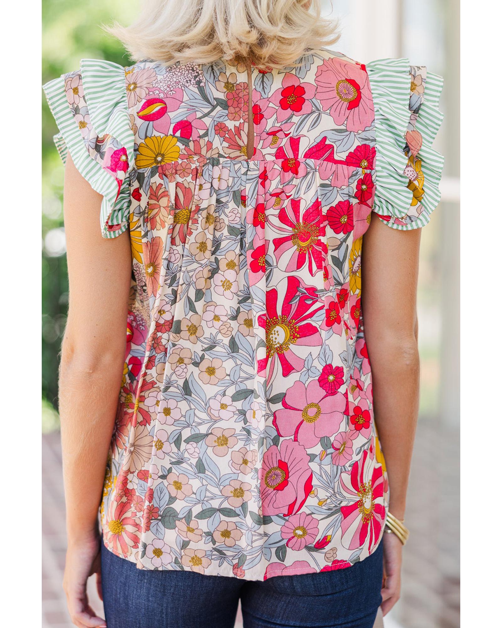 V539-AZEXDC25130698-P1020-S-202508271335-00 Pink Floral Print Contrast Ruffle Trim Short Sleeve Blouse - S - Image 1