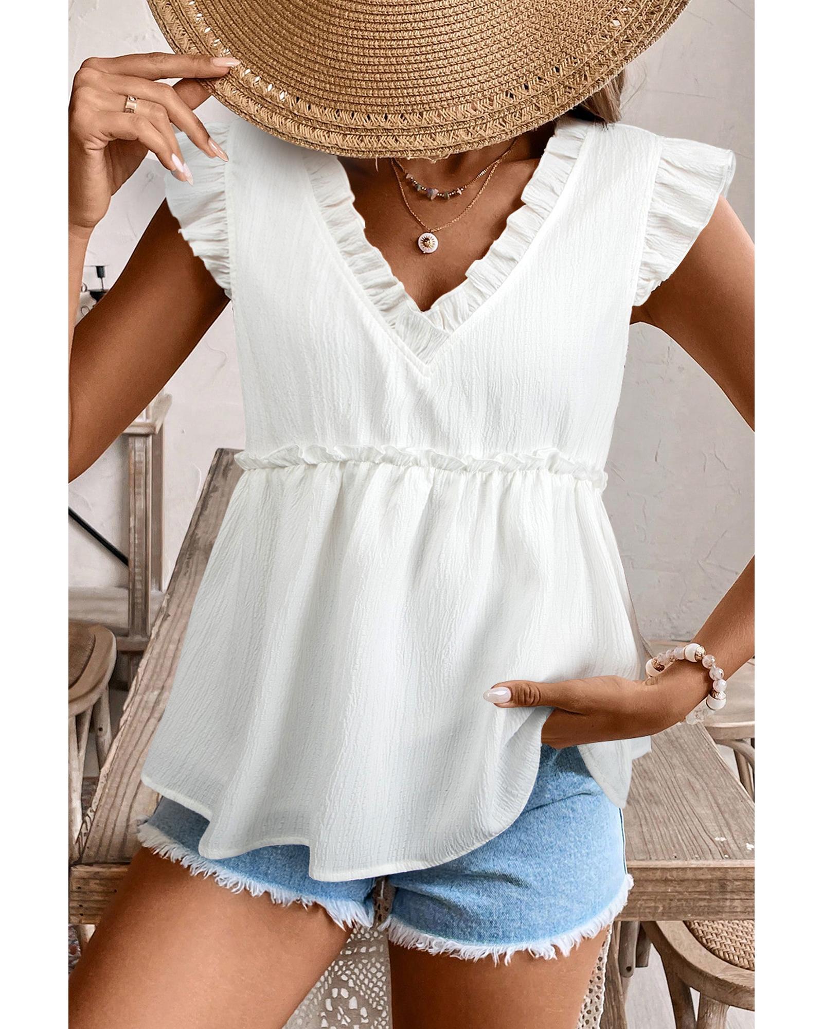 V539-AZEXDC25130722-P1-M-202508272315-00 White Textured Ruffled Trim V Neck Flutter Flowy Top - M - Image 1