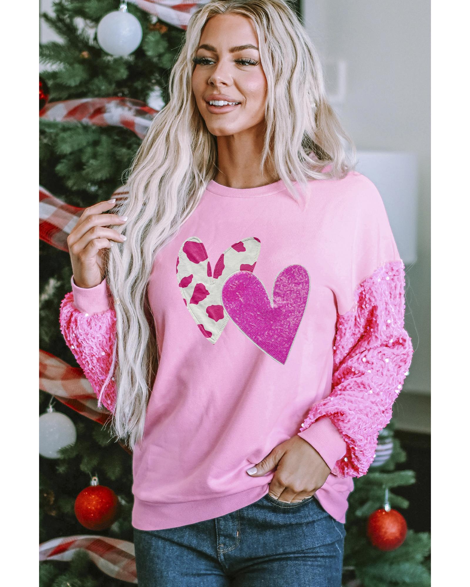 V539-AZEXDC25130737-P10-XL-202508270825-00 Pink Valentines Heart Graphic Sequin Patchwork Long Sleeve Top - XL - Image 1