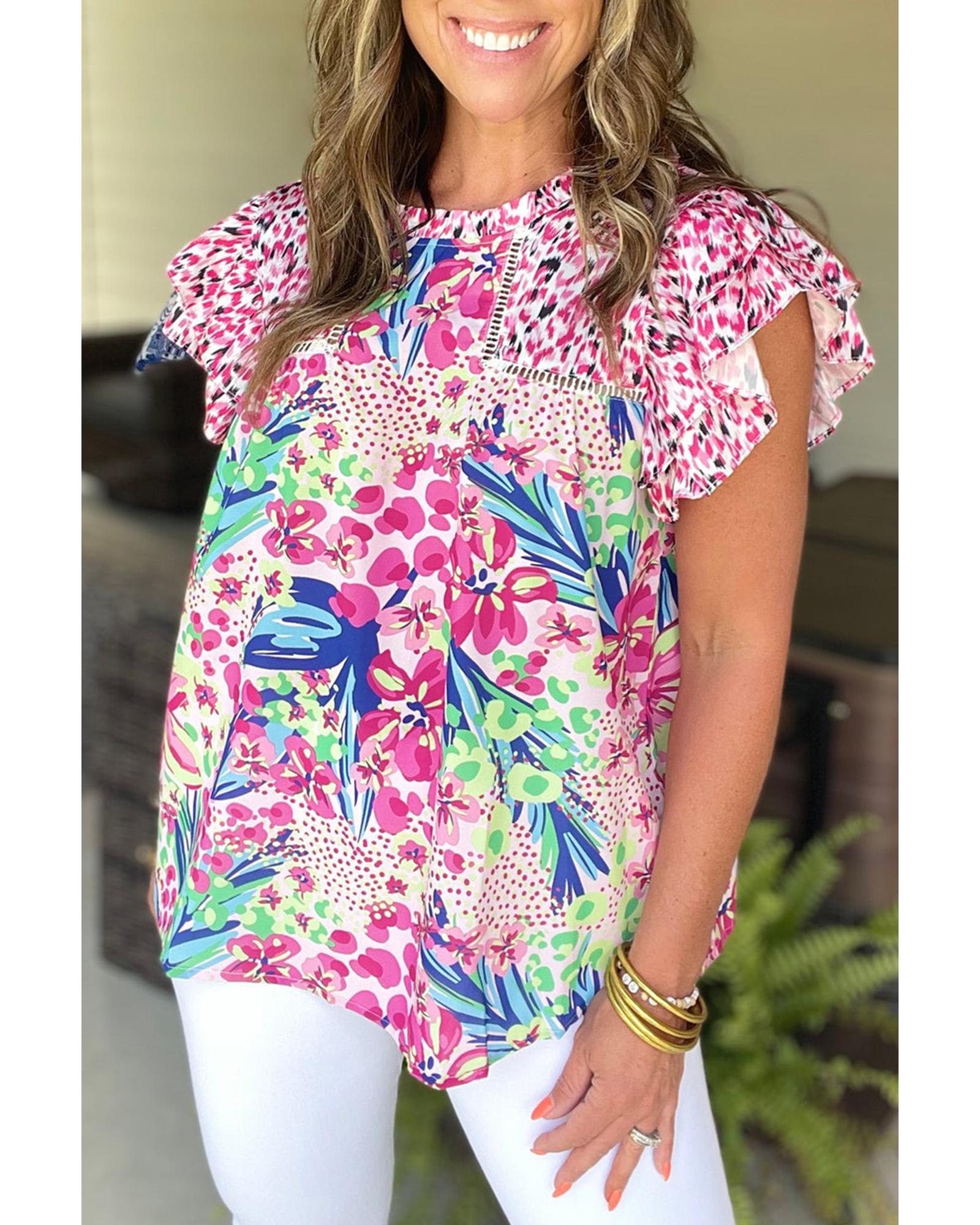 V539-AZEXDC25130747-P1020-S-202506121026-00 Pink Floral Mixed Print Ruffle Cap Sleeve Blouse - S - Image 1