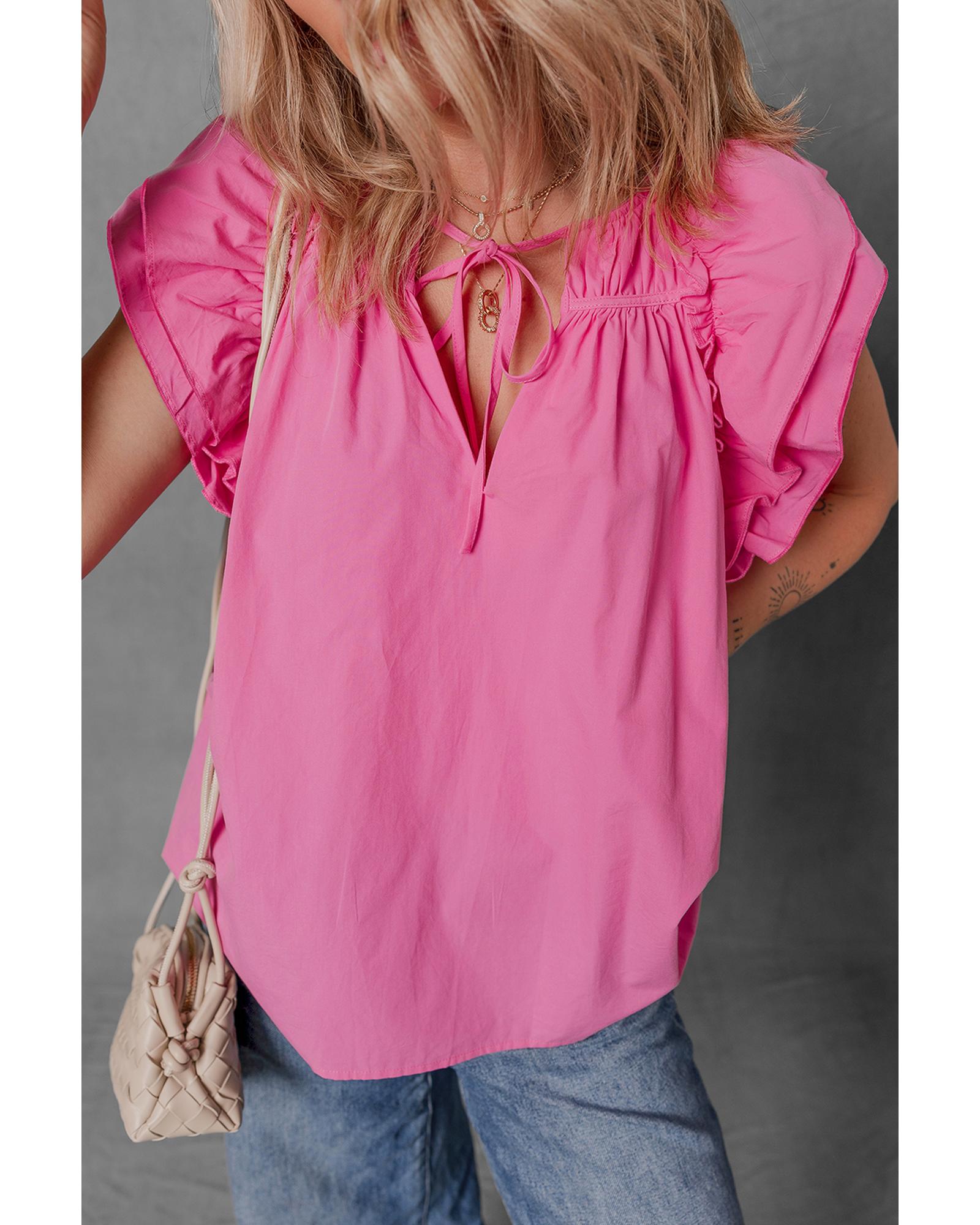 V539-AZEXDC25130751-P406-L-202508270505-00 Sachet Pink Shirred Yoke Lace up V Neck Ruffled Sleeve Blouse - L - Image 1