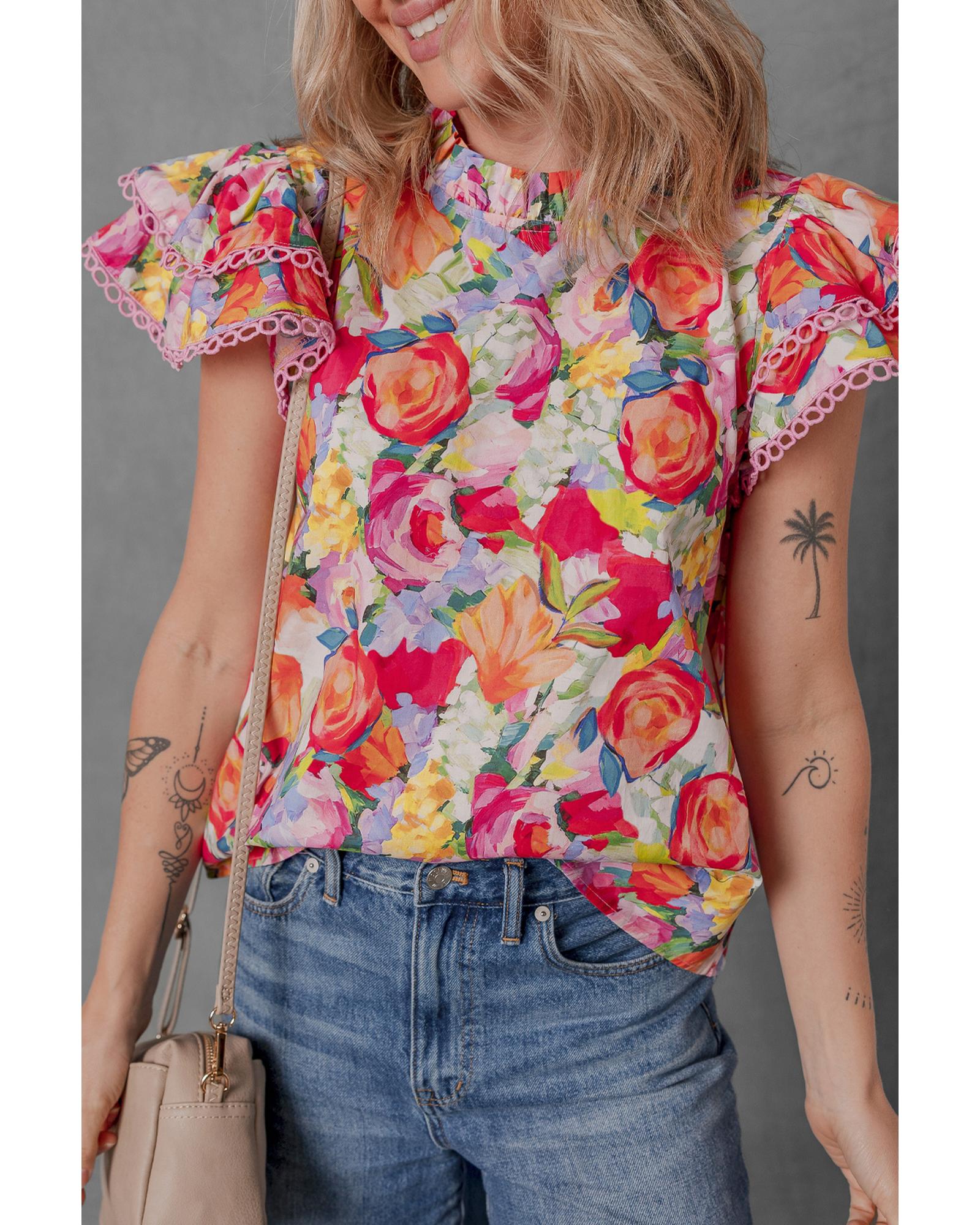 V539-AZEXDC25130753-P22-S-202506121042-00 Multicolour Lace Trim Ruffle Short Sleeve Floral Blouse - S - Image 1