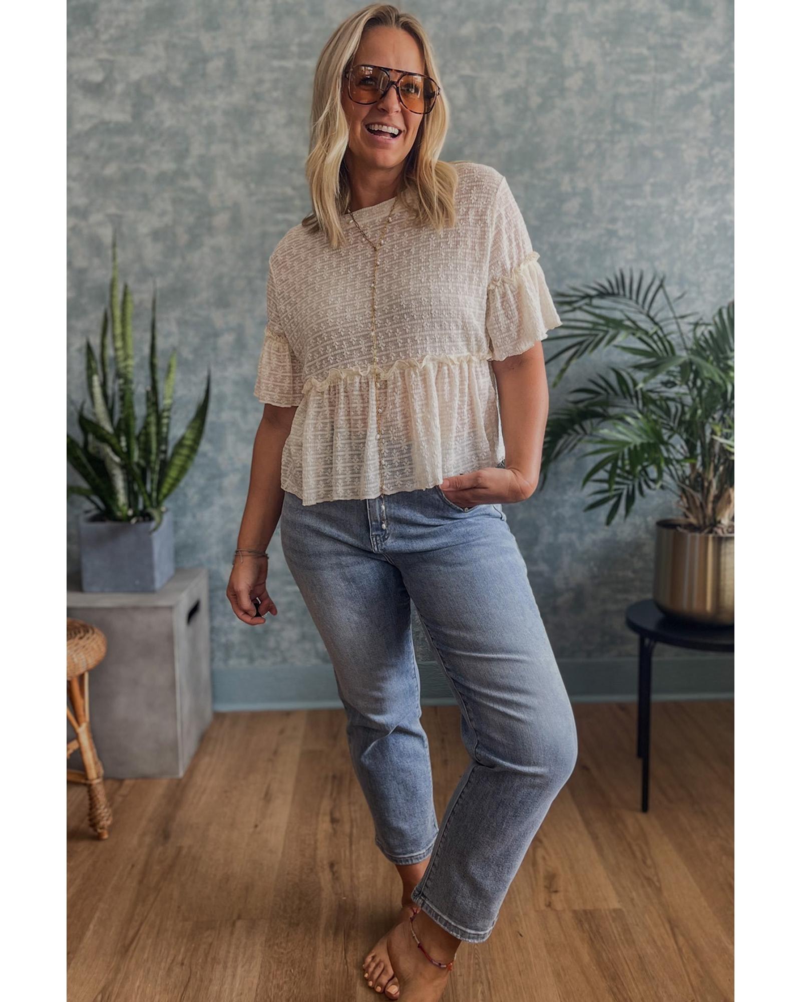 V539-AZEXDC25130757-P15-M-202508271750-00 Beige Solid Color Textured Ruffled Short Sleeve Blouse - M - Image 1