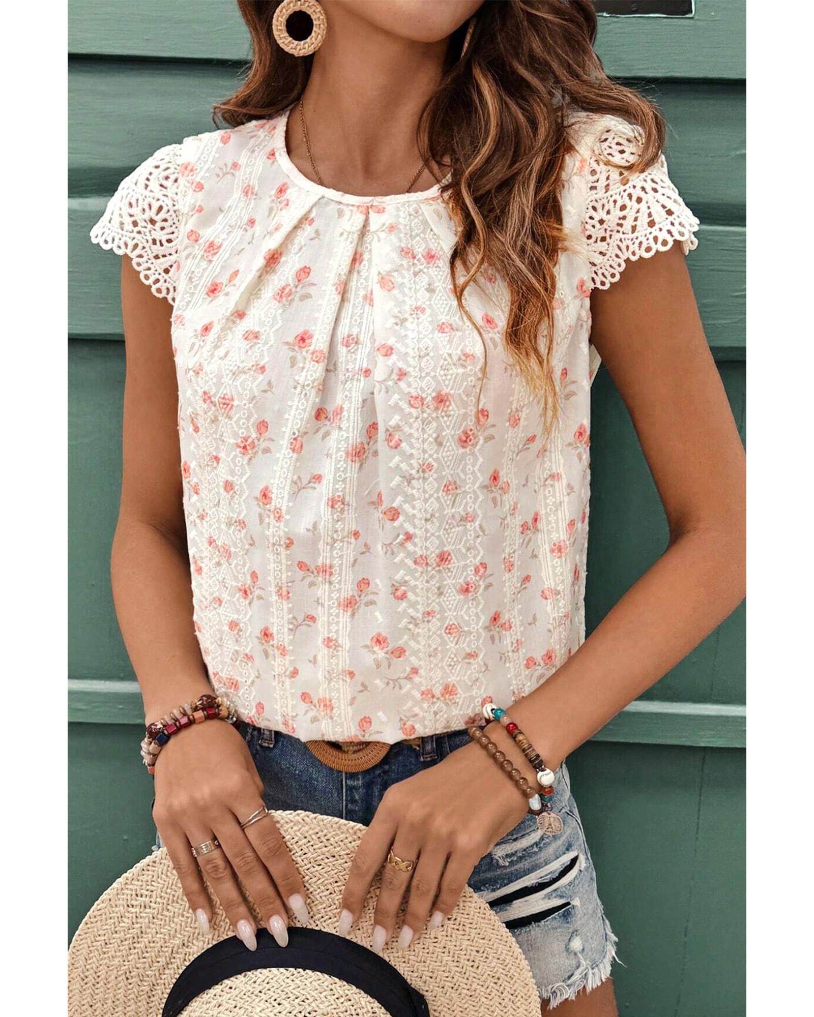 Pink Floral Print Embroidery Detail Crochet Cap Sleeve Blouse - L